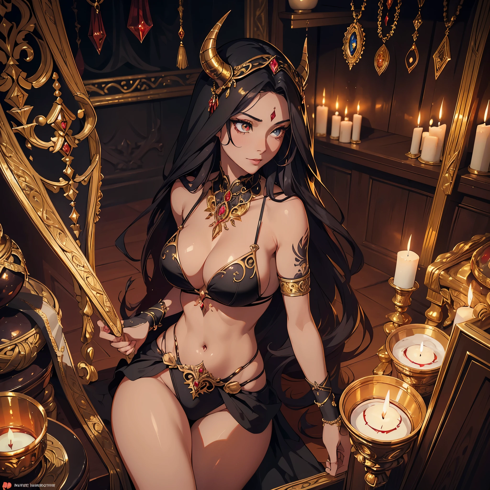 (best quality,highres:1.2),ultra-detailed,realistic,portrait,high fantasy,(subject 1:sexy busty Malaysian woman(age 40),jewel hijab,bikini,) tames a devil,arcane chamber,well-lit room,vibrant colors,exquisite details,(seductively poses,confident expression,mesmerizing eyes,long wavy hair,fine jewelry,ornate tattoos,chiseled features,soft skin),golden light,elaborate spell casting,richly decorated surroundings,enchanted atmosphere,mythical creatures in the background,elaborate tapestries,handsome yet sinister devil,subdued black and red color scheme,gentle candlelight,Northern European architecture,ethereal shimmer,curved horns,dark wings,burnished scales,dangerous yet alluring presence