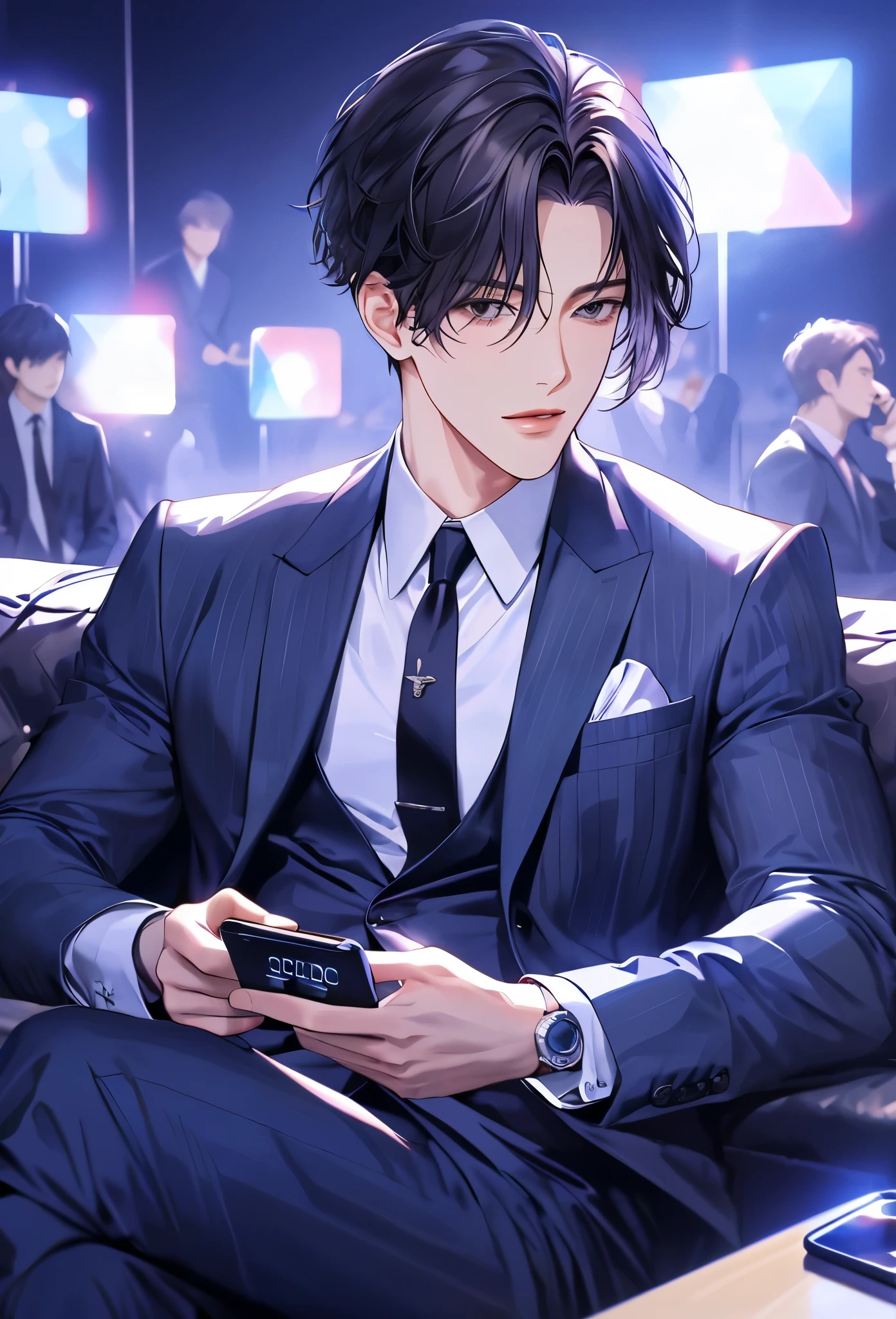 Handsome, Korean idol man, super detailed, super detailed information, single, sitting on the couch in the studio, looking at the audience, suit and tie, dark hair, messy bangs, hairstyle, gentleman, holding a cell phone, movie light,