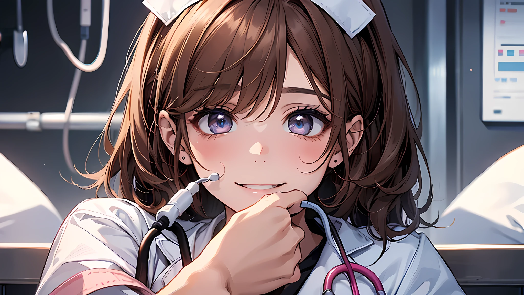 Best Quality, Nurse、Very cute、A smile、bobhair、Brown hair、hospitals、I want to blush、Staring at this,、winc、Grab a stethoscope、Brandishing a stethoscope、detailed face, detailed eyes, detailed nose