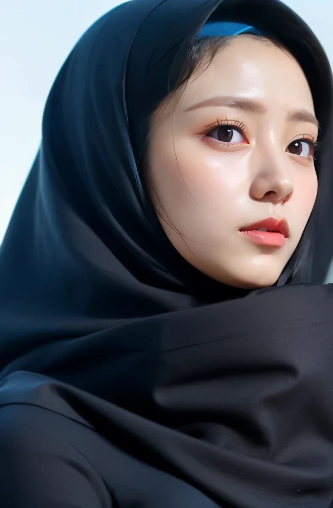 Wear hijab blue collor, ((Best quality, 8k, Masterpiece :1.37)), position:sitting, ( women in hijab), women in hijab blue, style model, ( women in hijab), beautiful face, Beautiful detailed eyes, Korean eyes, nose detail, Natural Lips, 18 year old girl, black hair, very detailed face, ultra detailed body, slim body, detailed big breasts, detailed hairy vagina, Wearing Muslim hijab , luxurious jubba thobbe, blue sky view, slim body, realistic face, women wearing hijabs, ((sighing facial expression))