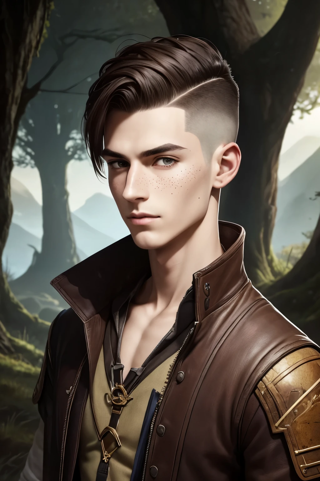 Fullbody portrait of an androgynous young male socerer with a undercut. Kind. Friendly. Happy. Very short haircut. Dark-brown hair with a undercut. Sides shaved. A soft narrow face with a lot of freckles. Long neck. Soft round chin. Wide forehead. Very thin barley visible eyebrows. Big upturned eyes. Dark-brown eyecolour. Long wide nose. Soft curved lips. Very pale skin with liverspots. Slim body. Wearing D&D style clothing. Outfit of an Adventuerer. Beautiful colourful fantasy landscape with hills and forests.