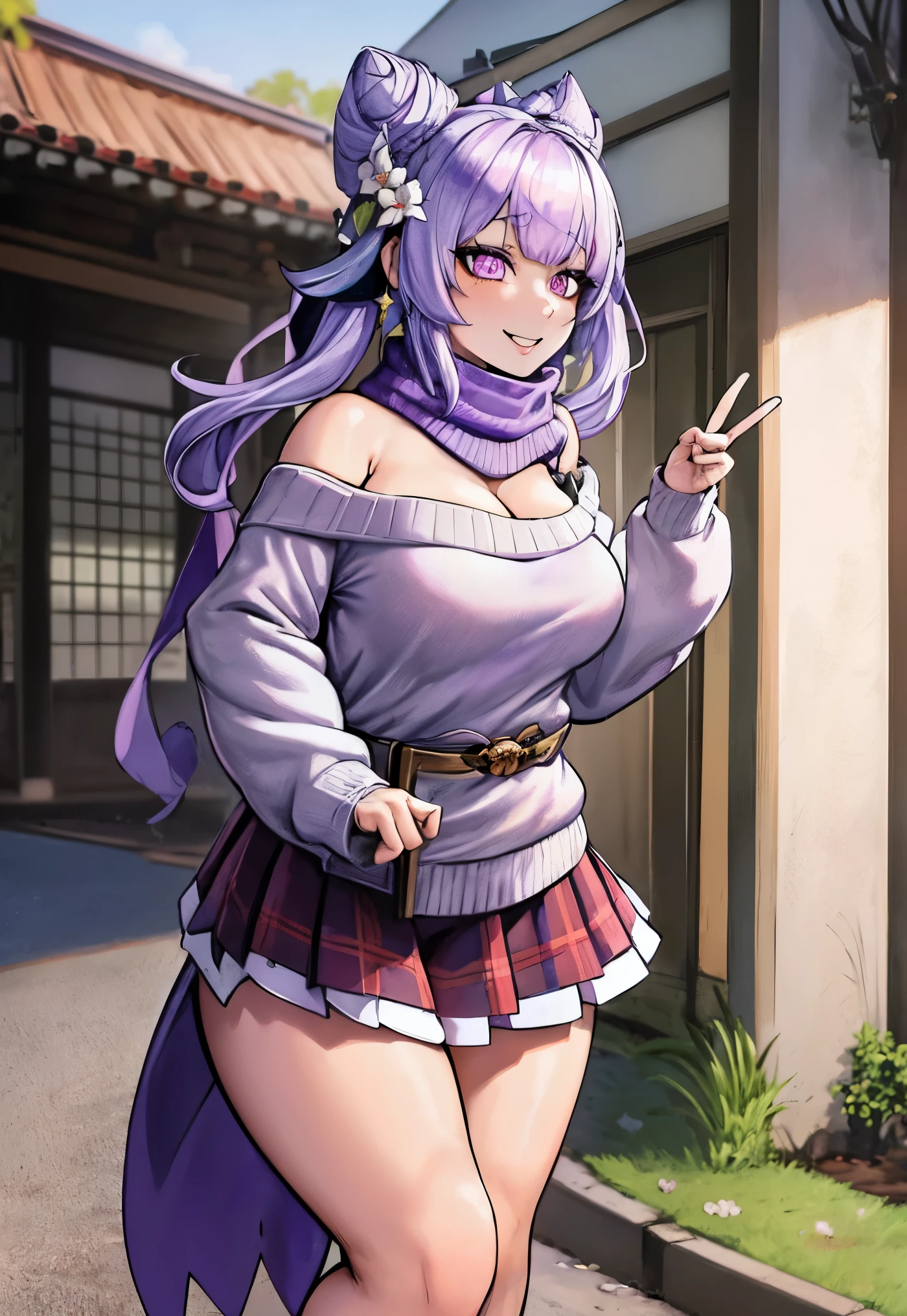 (Realistic painting style:0.9), masterpiece, best quality,  absurdres, looking at viewer, solo, keqing (lantern rite) (genshin impact), keqing (genshin impact), hair bun, skirt, scarf, purple sweater, white skirt, purple hair, sweater, twintails, purple eyes, diamond-shaped pupils, hair ornament, bare shoulders, smile, breasts, cone hair bun, long hair, belt, double bun, long sleeves, bangs, bow, hair flower, hair bow,ribbon, hair ribbon, braid, plaid scarf, plaid, off shoulder