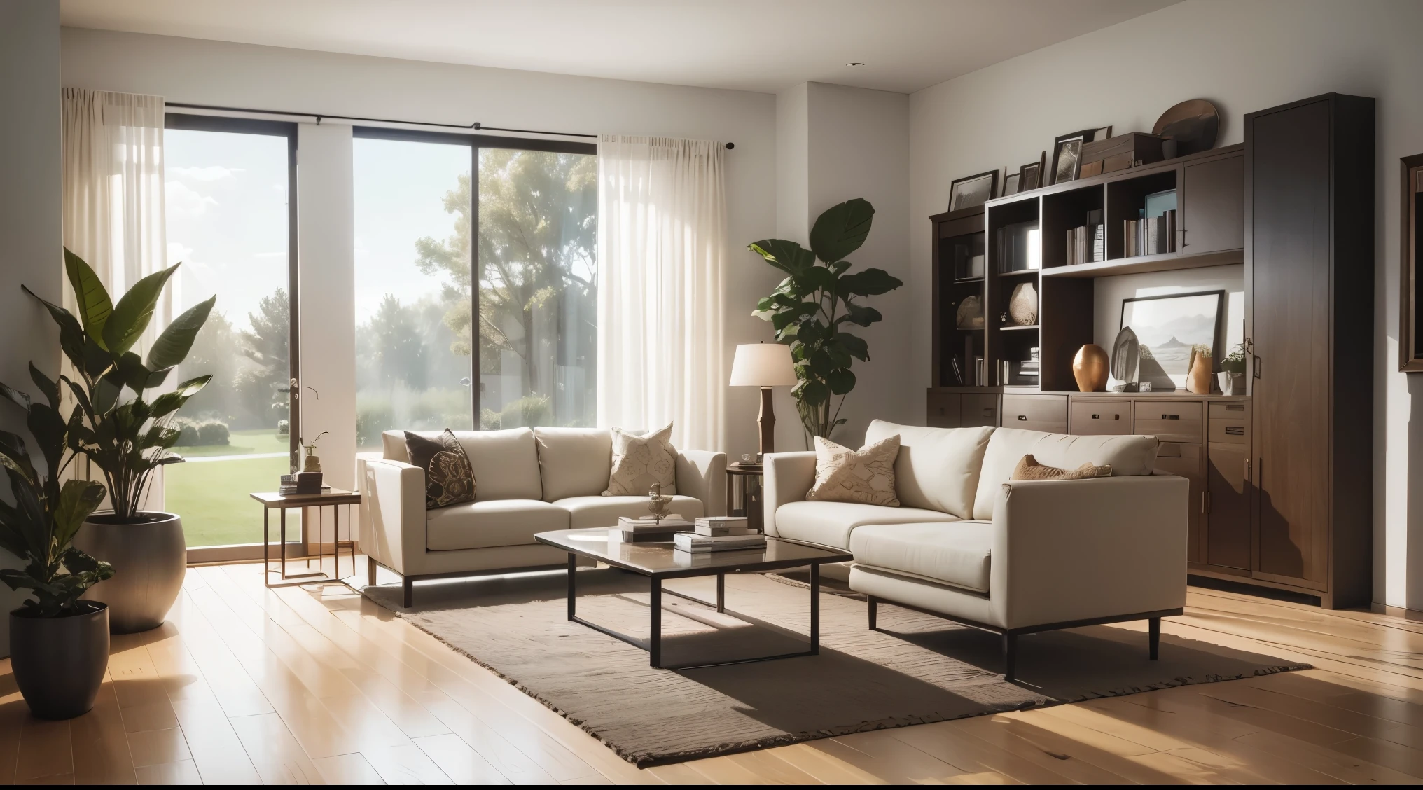 (masterpiece),(high quality), best quality, real,(realistic), super detailed, Step into this modern living room design and be greeted by a seamless blend of sleek lines and organic textures. The walls are painted in a cool, pale gray, providing a serene backdrop for the room. Large windows allow natural light to flood the space, highlighting the warmth of the natural oak flooring. A statement-making feature wall showcases a series of floating shelves, displaying an array of carefully curated books, art pieces, and potted plants. The seating area is centered around a low-profile, modular sofa upholstered in a soft, earth-toned fabric, adorned with plush cushions in varying patterns and textures. A contemporary, glass-top coffee table sits atop a handwoven rug with intricate geometric patterns. Surrounding the seating area, a set of sleek, mid-century modern armchairs in a rich leather finish provide additional seating options. A minimalist, black metal floor lamp with an adjustable arm stands elegantly in the corner, casting a warm glow across the room. The room is tastefully accessorized with a mix of metallic accents, such as a brass side table and a collection of copper vases,