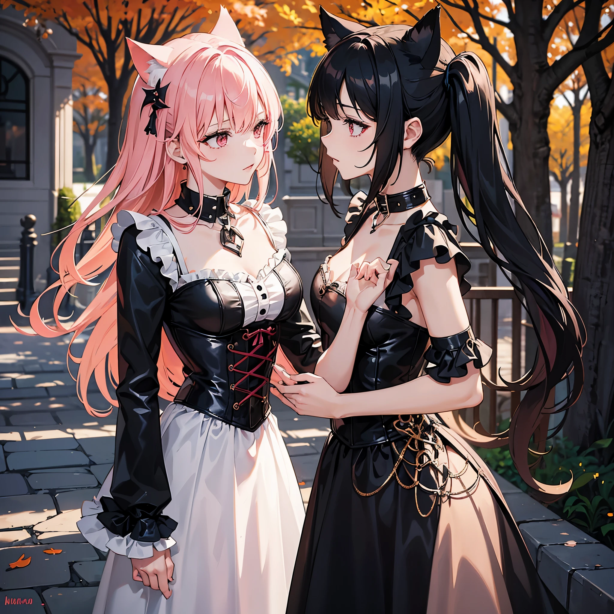 A female figure with gothic style, blusa sin mangas, wearing a collar of submission, atada con cadena, cabello mediano y rojo, and dressed in short latex clothing and a corset. Besides, lleva esposas que sugieren una postura sumisa. This figure is adorned with original cat ears, and has medium-sized physical attributes. The scene takes place in a park during the fall., with trees with pink leaves that provide a unique atmosphere. The figure is alone in this scene