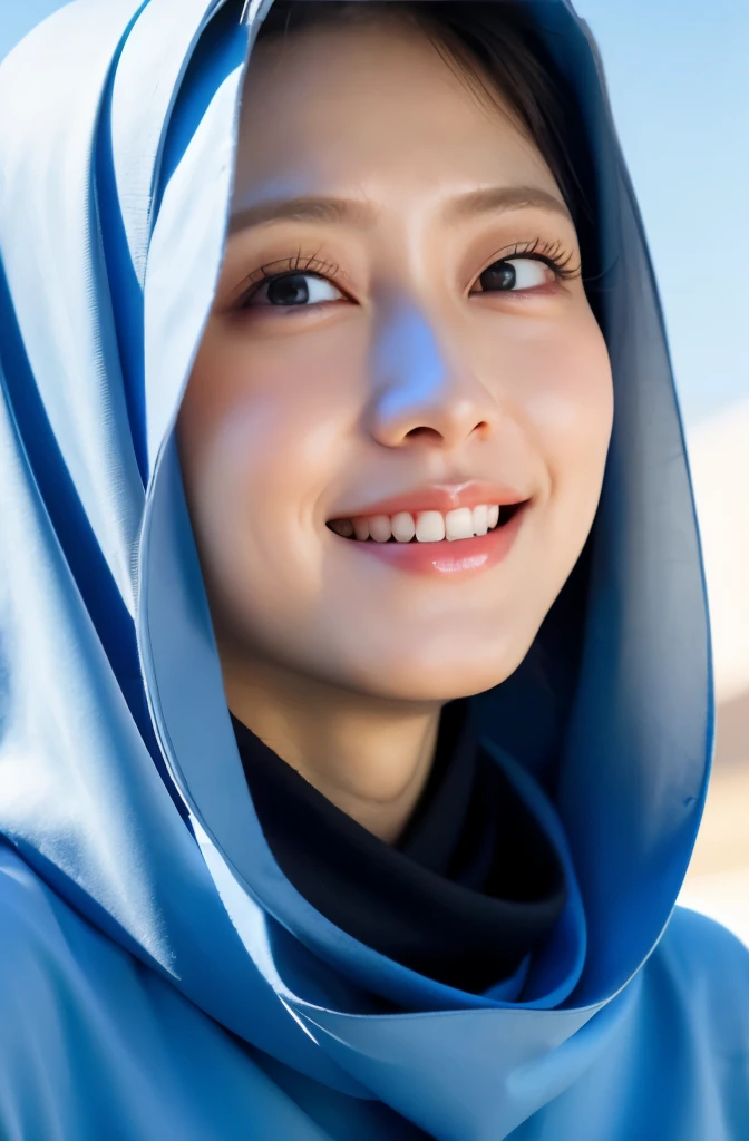 Wear hijab blue collor, ((Best quality, 8k, Masterpiece :1.37)), position:sitting, ( women in hijab), women in hijab blue, style model, ( women in hijab), beautiful face, Beautiful detailed eyes, Korean eyes, nose detail, Natural Lips, 18 year old girl, black hair, very detailed face, ultra detailed body, slim body, detailed big breasts, detailed hairy vagina, Wearing Muslim hijab , luxurious jubba thobbe, blue sky view, slim body, realistic face, women wearing hijabs, ((sighing smile facial expression))