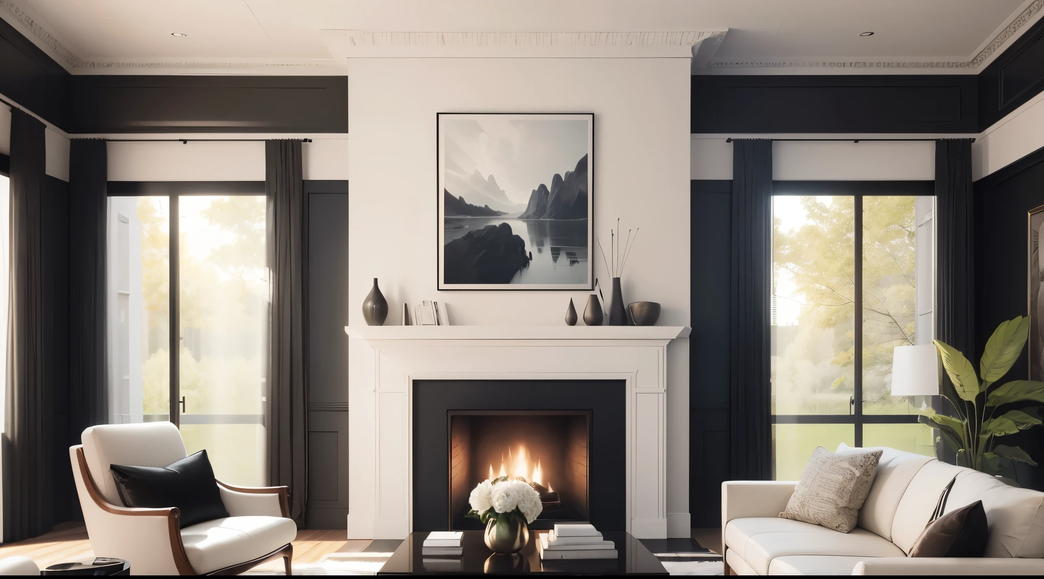 (masterpiece),(high quality), best quality, real,(realistic), super detailed, (full detail),(4k),8k,,A modern living room design, natural light floods the space through floor-to-ceiling windows, creating an airy and inviting atmosphere. The walls are adorned with a soft, neutral color palette, complemented by a striking accent wall featuring a textured wallpaper in a deep, rich hue. A sleek, minimalist fireplace serves as the focal point, with its clean lines and a mantel adorned with carefully curated art pieces. The room is furnished with a plush, L-shaped sectional sofa in a luxurious velvet fabric, adorned with vibrant throw pillows that add a pop of color. A low-profile coffee table made of polished marble sits at the center, accompanied by a pair of contemporary armchairs upholstered in a soft leather finish. The room is tastefully accessorized with a mix of modern and vintage elements, such as a geometric-inspired rug, a sculptural floor lamp, and a collection of framed black-and-white photographs. The overall design exudes a sense of sophistication and comfort, offering the perfect space for relaxation and entertaining guests.