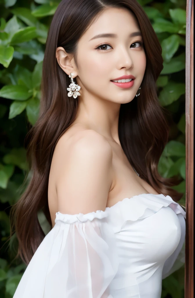 (18-year-old sweetheart), (big breasts:1.3),   Flower garden in the background、Off-shoulder long dress with retro white ruffles、Let your hair flutter in the wind、(master piece: 1.3), (maximum resolution: 1.4), (ultra high vision: 1.2), cinematic light, ultra high vision,make one&#39;s cheeks flush:1.2、 (fine eyes and skin), (detailed facial features), NSFW, 8K resolution, perfect style, beautiful expression、Highly detailed face and skin texture、detailed eye、double eyelid、glitter eyeliner:1.2、shiny skin、（pure white skin:1.8)、（white skin:1.8)、red rouge、dark lipstick:1.2、small shiny necklace and earrings、（glossy lips:1.2)、glossy lips:1.2、((full body shot:1.2))、(straight hairstyles、light brown hair)、long hair、(very affectionate smile:1.3)、175cm、Asahi