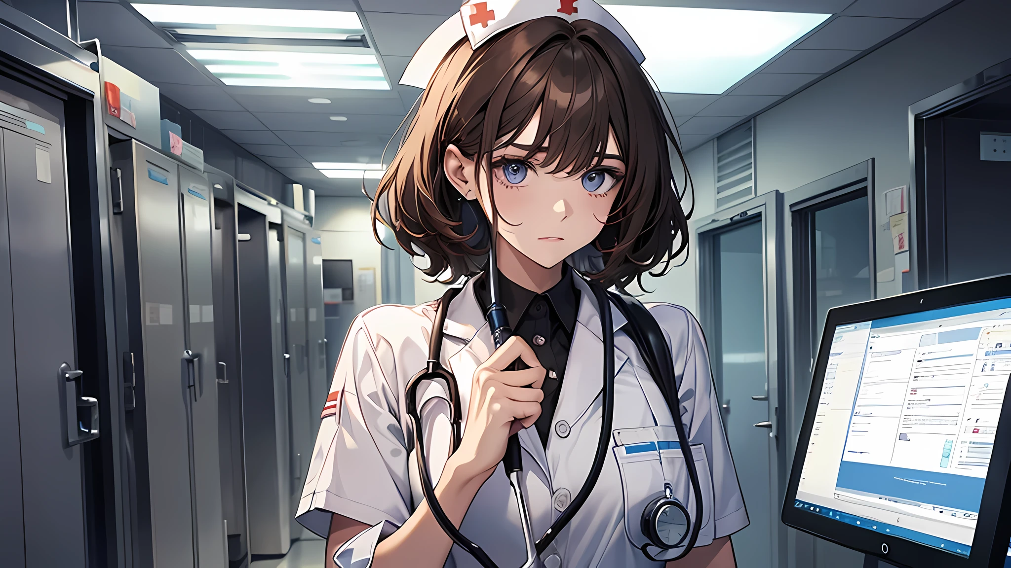 Best Quality, Nurse、blank face, bobhair、Brown hair、hospitals、confused、Staring at this,、winc、Grab a stethoscope、Brandishing a stethoscope、detailed face, detailed eyes, detailed nose