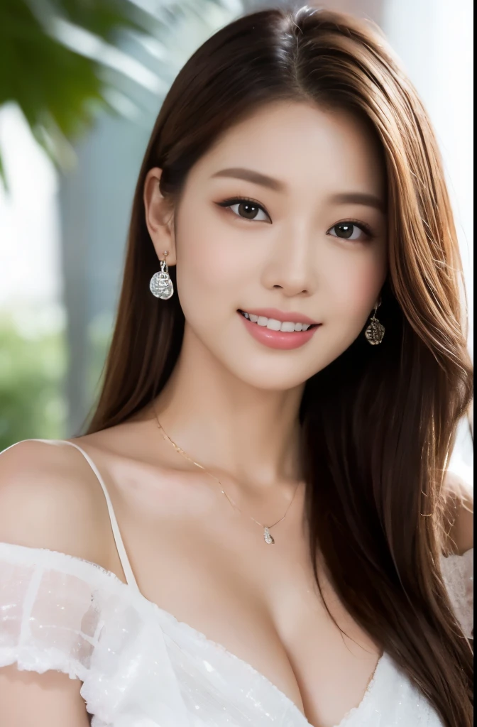 (18-year-old sweetheart), (big breasts:1.3), Flower garden in the background、Off-shoulder long dress with retro white ruffles、Let your hair flutter in the wind、(master piece: 1.3), (maximum resolution: 1.4), (ultra high vision: 1.2), cinematic light, ultra high vision,make one's cheeks flush:1.2、 (fine eyes and skin), (detailed facial features), NSFW, 8K resolution, perfect style, beautiful expression、Highly detailed face and skin texture、detailed eye、double eyelid、glitter eyeliner:1.2、shiny skin、(pure white skin:1.8)、(white skin:1.8)、red rouge、dark lipstick:1.2、small shiny necklace and earrings、(glossy lips:1.2)、glossy lips:1.2、((full body shot:1.2))、(straight hairstyles、light brown hair)、long hair、(very affectionate smile:1.3)、175cm、Asahi