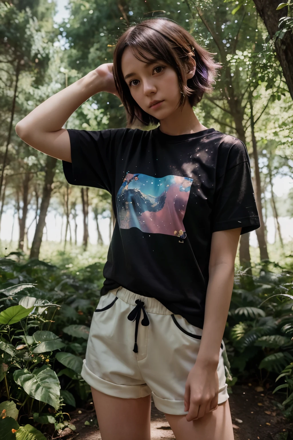 anime girl with short hair and a t - shirt standing in a forest, anime girl with cosmic hair, lofi portrait, portrait anime space cadet girl, girl looks at the space, girl in space, cosmic girl, makoto shinkai cyril rolando, cyril rolando and goro fujita, anime lush john 8k woods