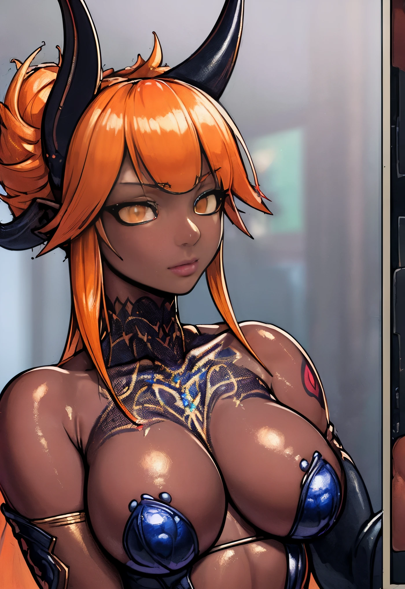 (((Masterpiece))), (((Best Quality: 1.4))), ((Super Detail: 1.4)) , hyper detailed gouache painting of a female Tiefling, gorgeous exotic features, amber neon eyes:1.5, orange hair, hyper detailed face features, expressivo face, detailed textures, blue skintone, tattoos, natural skin shader, volumetrics, warm undertones under her skin, ultra High resolution