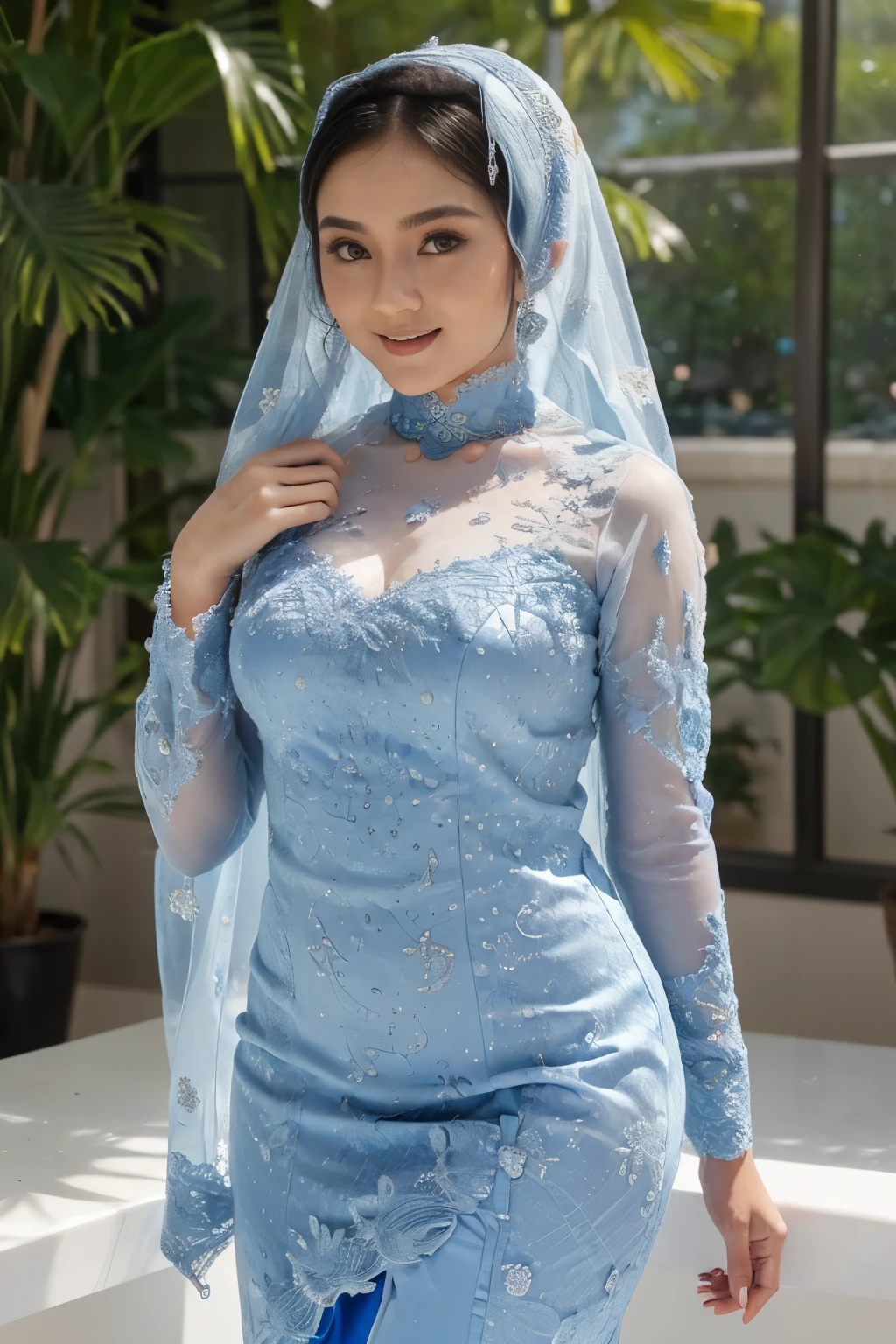 Beautiful, cute baby Face, 18 Years old russian muslim girl, (wearing blue hijab), full hijab, sexy long sleeves kebaya dress, slightly Chubby , White Skin, Smiling, porn studio Background, day light,mid shot, upper body, Perfect Potrait, Bokeh Effect, Look at Viewer, small breast, ((adorable:1.2)), ((masterpiece:1.1)), ((bokeh:1.2)), buttocks,(naughty seductive poses)