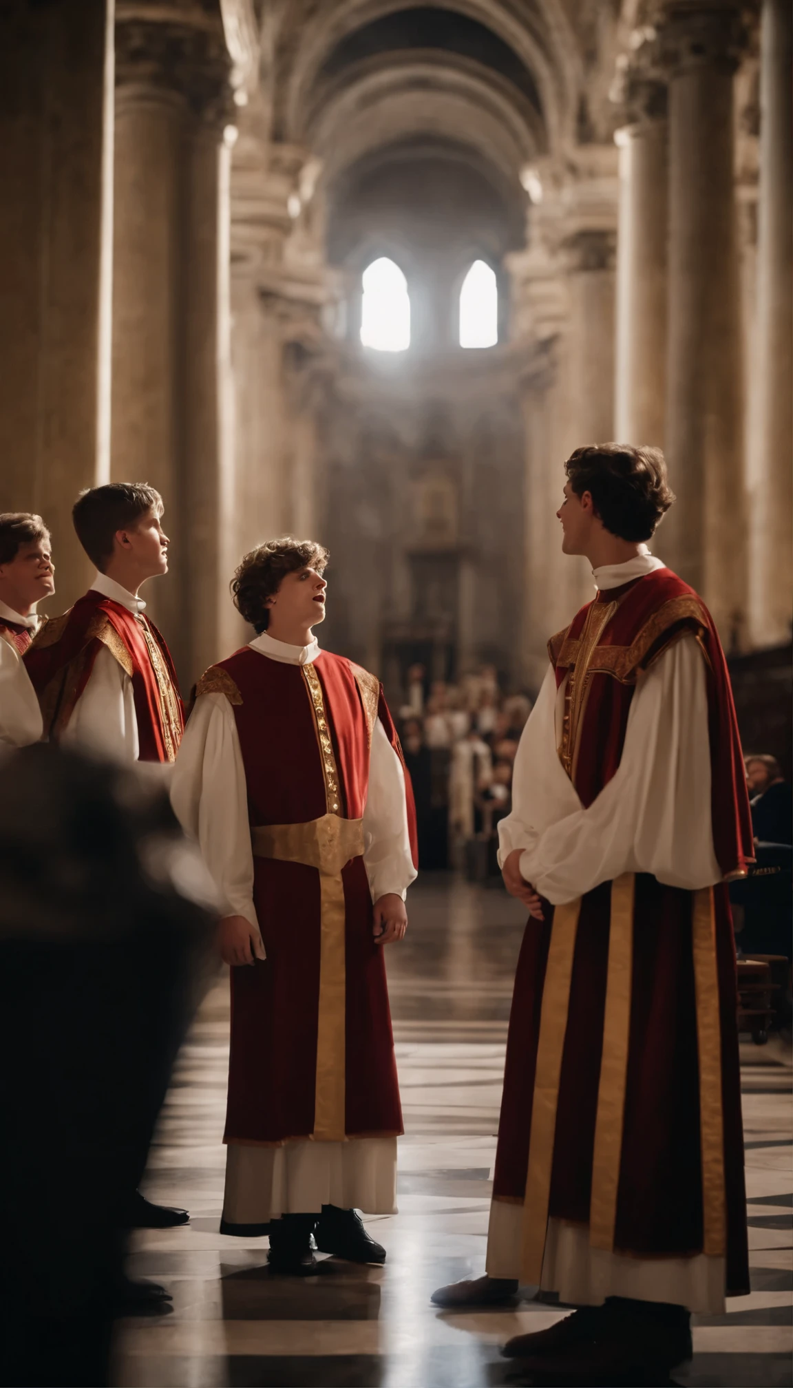 Realistic photograph capturing medieval era the talented boys vocal ensemble performing at the iconic Vatican cathedral wearing church clothes