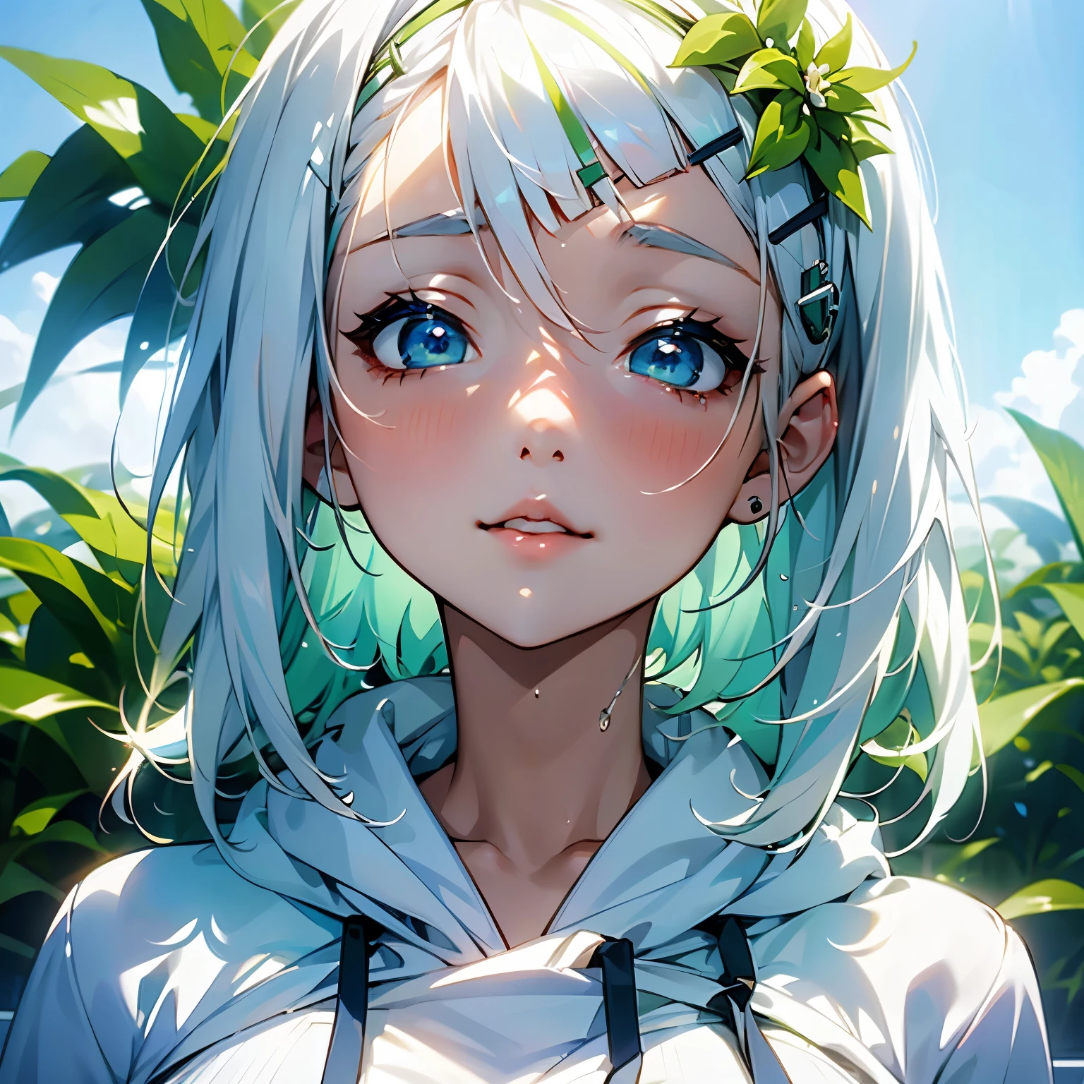A Anime Girl with White hair and A blue tint added in her hair. White skin, Juicy lips. Wearing a Plant and flower hairclip in her hair. Nervous. Wearing a white and green hoodie.