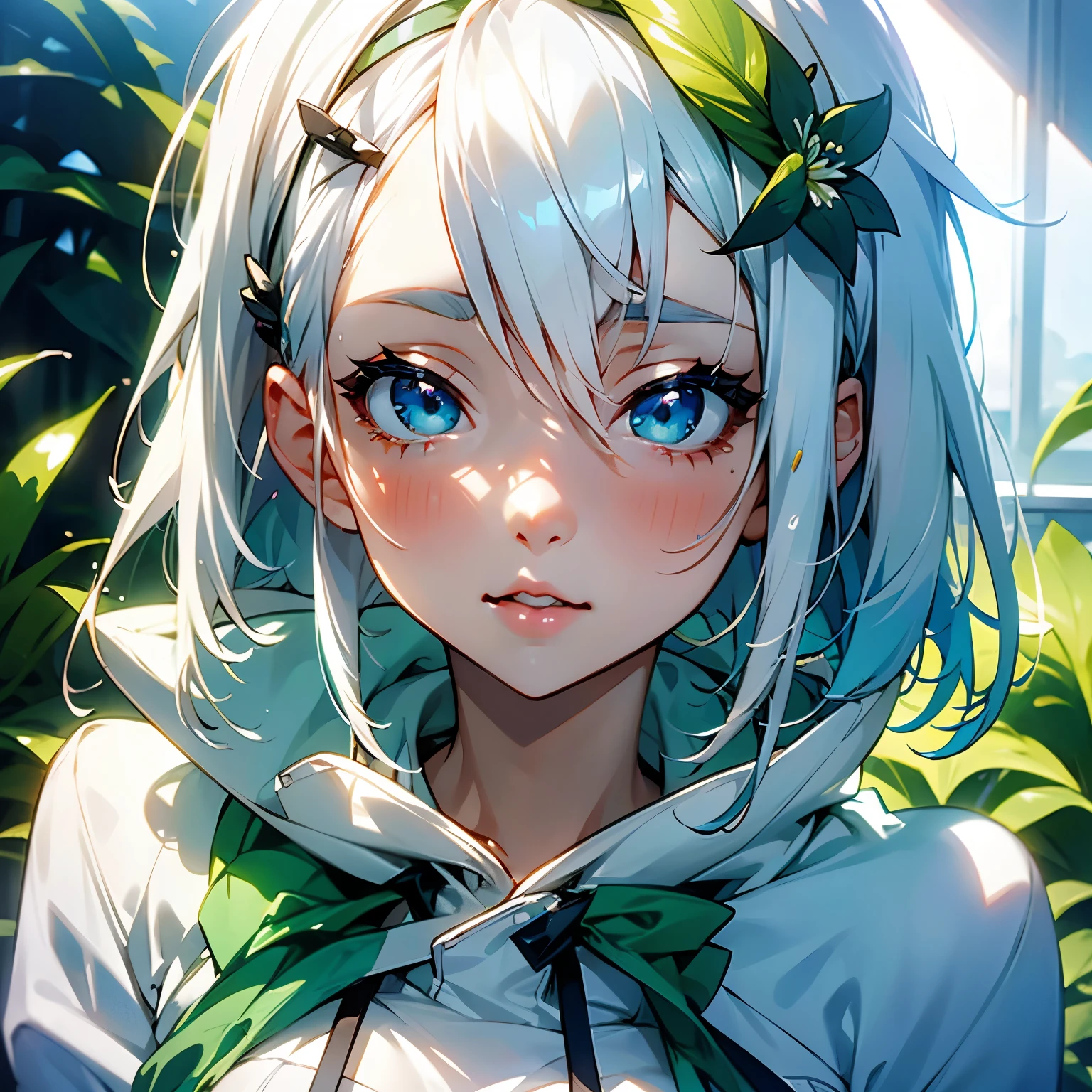 A Anime Girl with White hair and A blue tint added in her hair. White skin, Juicy lips. Wearing a Plant and flower hairclip in her hair. Nervous. Wearing a white and green hoodie. 