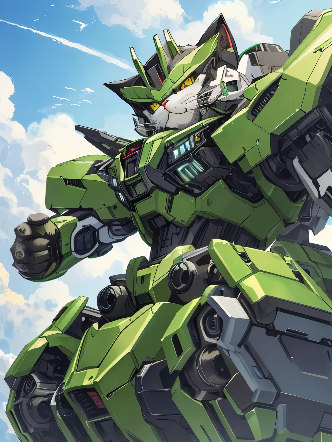 Unorganized resolution, High resolution, (masterpiece: 1.3), hyper detail, Mecha, (((cat design))),Green armor, floating in the sky (1.8) Against the background of blue sky and white clouds