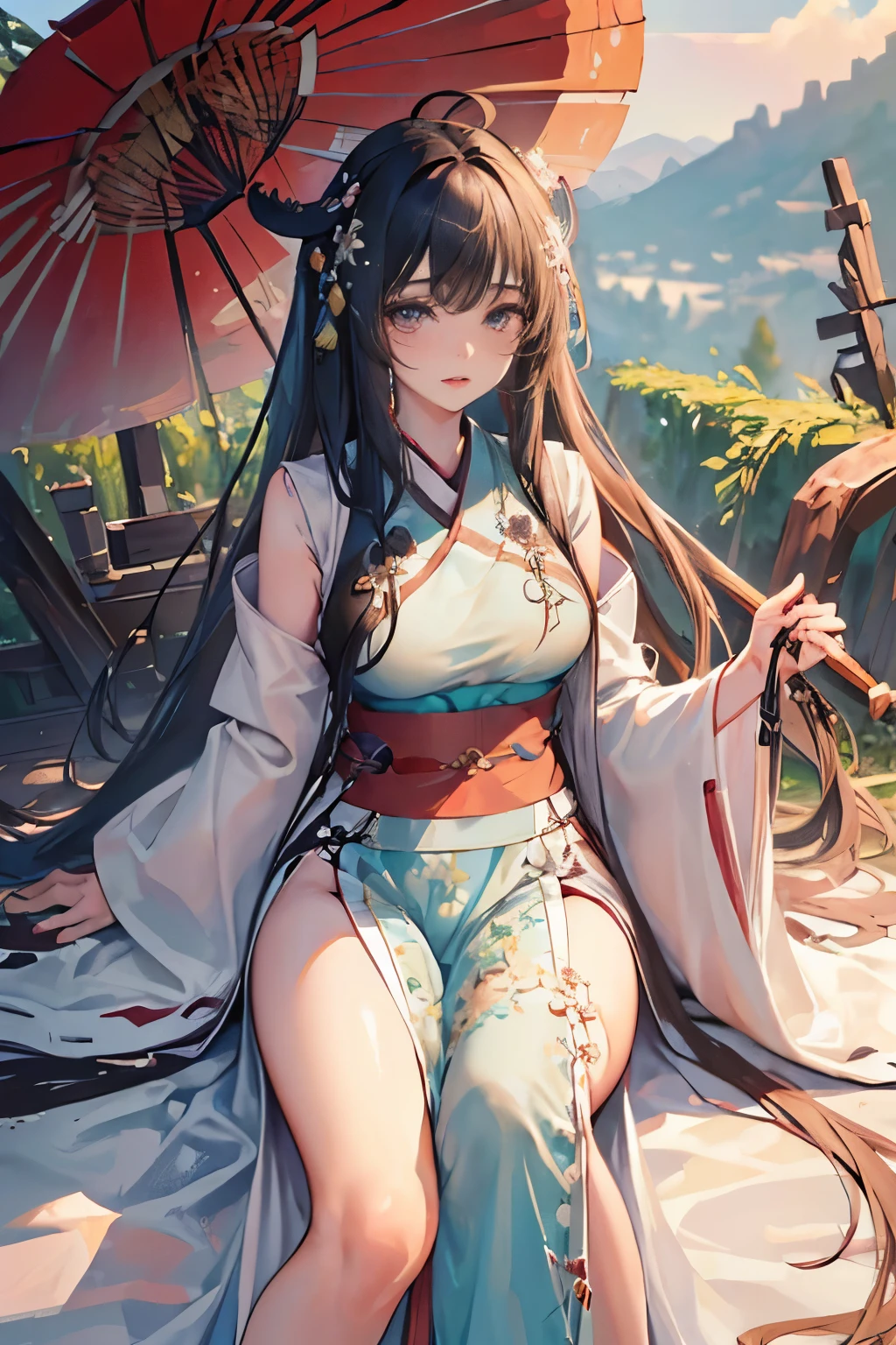 (masterpiece:1.5),(best quality:1.5),(ultra-detailed:1.5),illustration,cowboy shot,1girl,solo,(buildings),perfect face,lustrous skin,long hair,beautiful detailed eyes,beautiful flowing long hair,(ru_qun:1.5),(hanfu:1.5),chinese clothes, floral dress,white thighhighs, curvy body, (bloom),lighting, ray tracing,outdoors,  mountains, nature,hair ornament, hair ribbon, magic flowers ,looking at viewer,ahoge,large breasts, (deep depth of field:1.5),hair ornament, forest,barefoot sandals