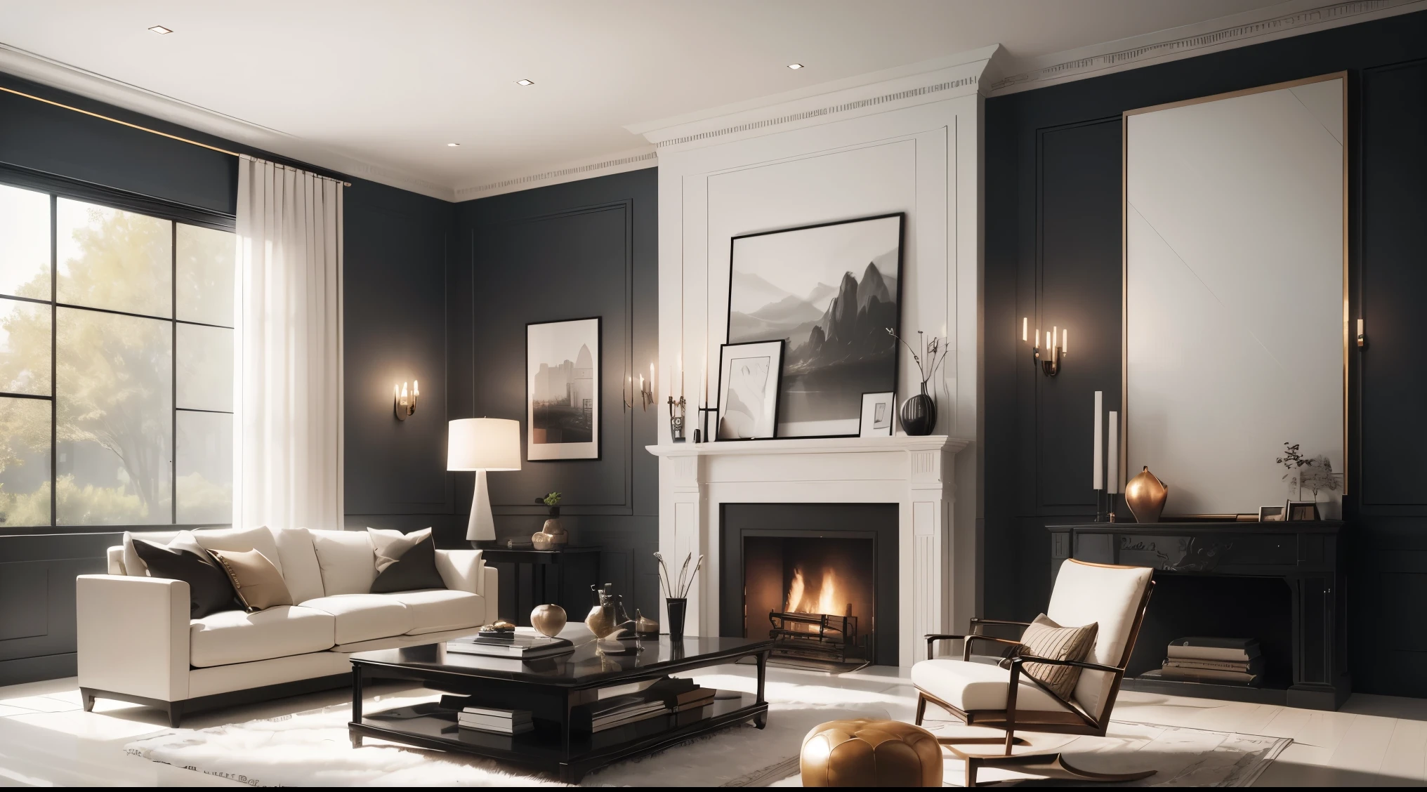 (masterpiece),(high quality), best quality, real,(realistic), super detailed, (full detail),(4k),8k,,A modern living room design, natural light floods the space through floor-to-ceiling windows, creating an airy and inviting atmosphere. The walls are adorned with a soft, neutral color palette, complemented by a striking accent wall featuring a textured wallpaper in a deep, rich hue. A sleek, minimalist fireplace serves as the focal point, with its clean lines and a mantel adorned with carefully curated art pieces. The room is furnished with a plush, L-shaped sectional sofa in a luxurious velvet fabric, adorned with vibrant throw pillows that add a pop of color. A low-profile coffee table made of polished marble sits at the center, accompanied by a pair of contemporary armchairs upholstered in a soft leather finish. The room is tastefully accessorized with a mix of modern and vintage elements, such as a geometric-inspired rug, a sculptural floor lamp, and a collection of framed black-and-white photographs. The overall design exudes a sense of sophistication and comfort, offering the perfect space for relaxation and entertaining guests.