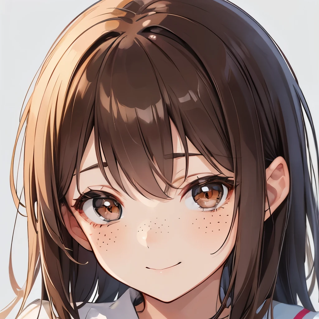 A girl, pretty face, face close up, brown hair, brown eyes, freckles, innocent, smiling, kind