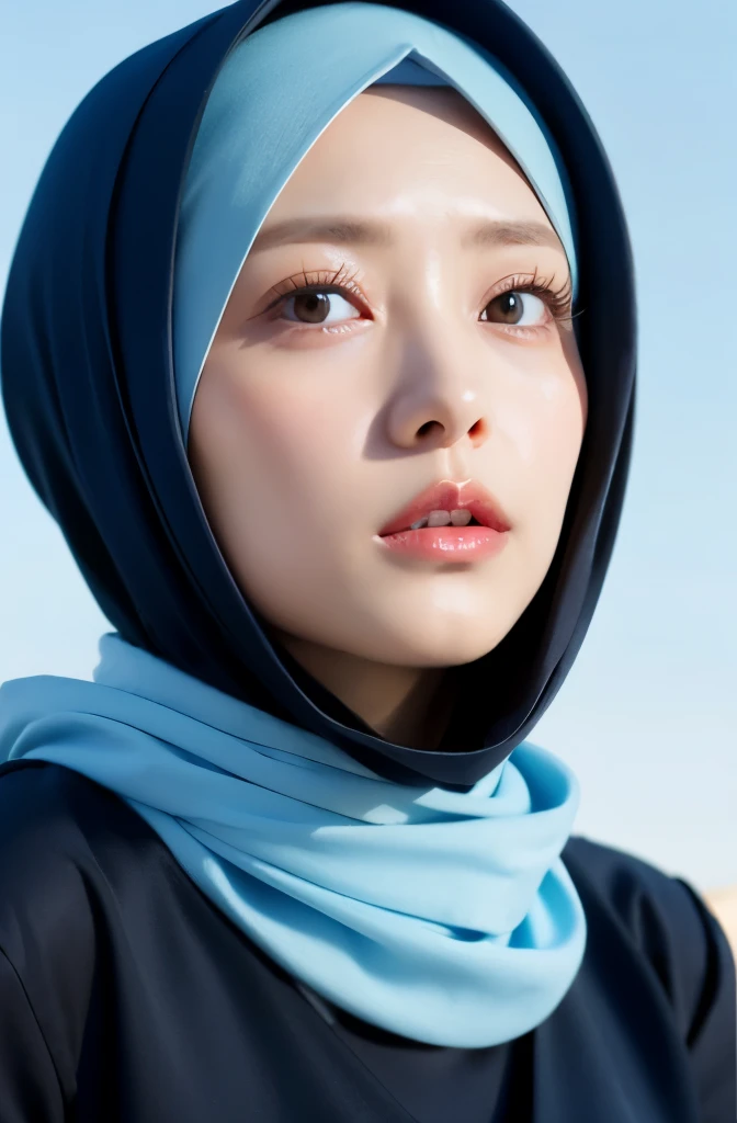 Wear hijab blue collor, ((Best quality, 8k, Masterpiece :1.37)), position:sitting, ( women in hijab), women in hijab blue, style model, ( women in hijab), beautiful face, Beautiful detailed eyes, Korean eyes, nose detail, Natural Lips, 18 year old girl, black hair, very detailed face, ultra detailed body, slim body, detailed big breasts, detailed hairy vagina, Wearing Muslim hijab , luxurious jubba thobbe, blue sky view, slim body, realistic face, women wearing hijabs