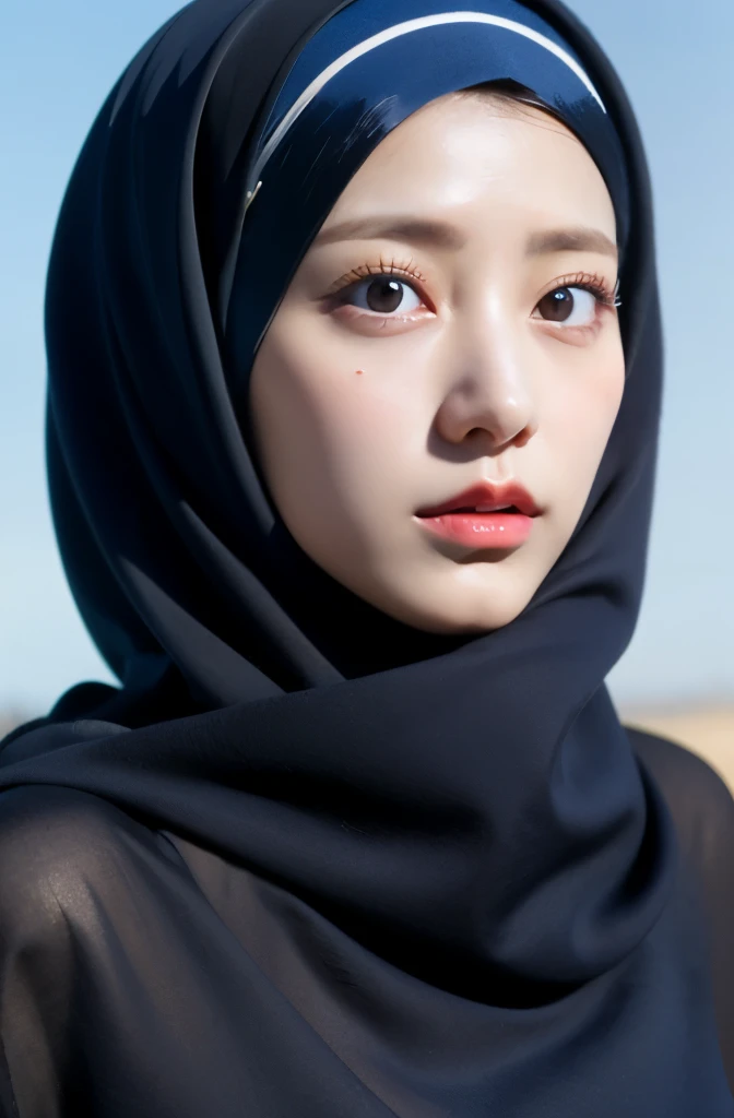 Wear hijab blue collor, ((Best quality, 8k, Masterpiece :1.37)), position:sitting, ( women in hijab), women in hijab blue, style model, ( women in hijab), beautiful face, Beautiful detailed eyes, Korean eyes, nose detail, Natural Lips, 18 year old girl, black hair, very detailed face, ultra detailed body, slim body, detailed big breasts, detailed hairy vagina, Wearing Muslim hijab , luxurious jubba thobbe, blue sky view, slim body, realistic face, women wearing hijabs