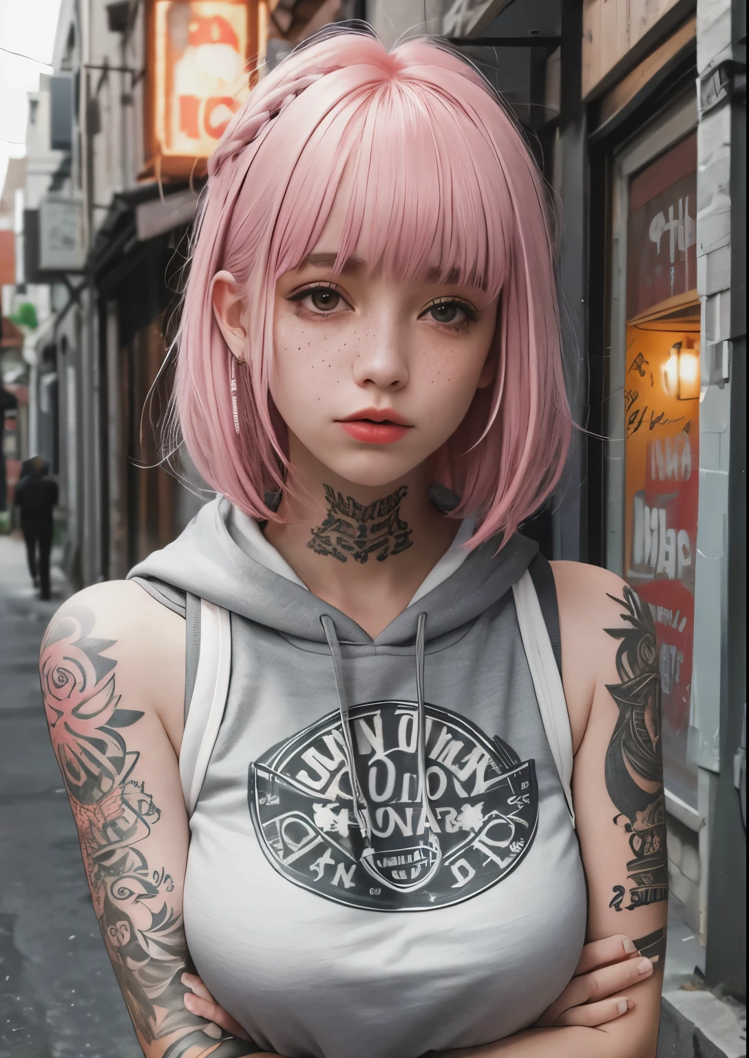 Top quality, masterpieces, RAW photos, photorealistic, detail, women, hoodies, tattoos on arms, portraits, asymmetrical bangs, band-aids, short hair, bangs, chest, freckles, gray eyes, big breasts, people watching, tattoos on the neck, nose piercings, pink hair, tattoos on the face, upper body, detailed background, city, alley, dark alley, portrait, hood on the head at night, anger, Close-up, mouth closed, masterpiece, absurd
