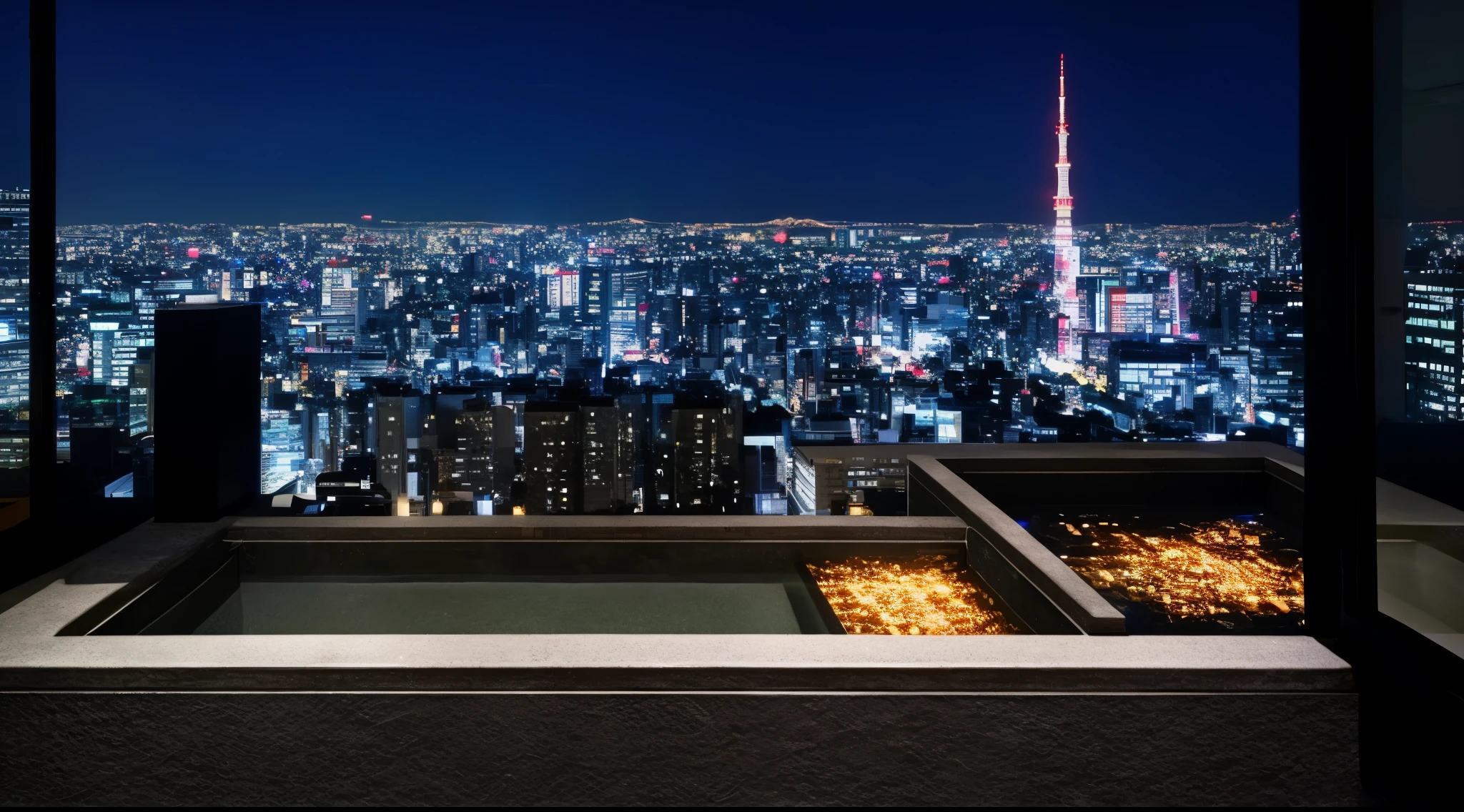 Night view of the city from the bathroom with large windows, set in Tokyo rooftop, on future Tokyo night rooftop, on rooftop Tokyo night, luxury hot springs, like that, Tokyo in the background, penthouse, Tokyo japan, Tokyo, overlooking a modern city, City view, Infinity Concentric Pool, Japanese hot springs, in Tokyo at night