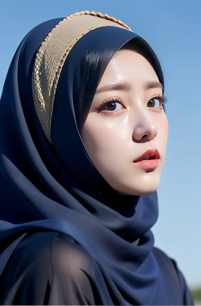 Wear hijab blue collor, ((Best quality, 8k, Masterpiece :1.37)), position:sitting, ( women in hijab), women in hijab blue, style model, ( women in hijab), beautiful face, Beautiful detailed eyes, Korean eyes, nose detail, Natural Lips, 18 year old girl, black hair, very detailed face, ultra detailed body, slim body, detailed big breasts, detailed hairy vagina, Wearing Muslim hijab , luxurious jubba thobbe, blue sky view, slim body, realistic face, women wearing hijabs