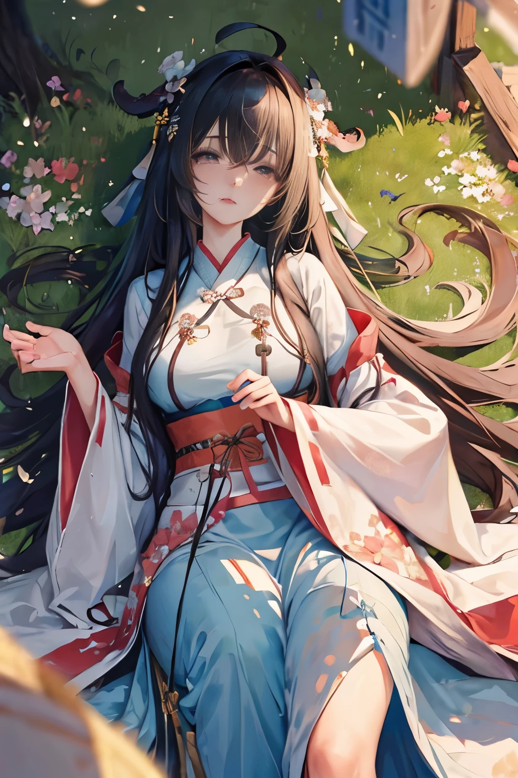(masterpiece:1.5),(best quality:1.5),(ultra-detailed:1.5),illustration,cowboy shot,1girl,solo,(buildings),pretty face,lustrous skin,long hair,beautiful detailed eyes,beautiful flowing long hair,(ru_qun:1.5),(hanfu:1.5),vietnamese clothes, floral dress,pink thighhighs, curvy body, (bloom),lighting, ray tracing,outdoors,  mountains, nature,hair ornament, hair ribbon, magic flowers ,looking at viewer,ahoge,large breasts, (deep depth of field:1.5),hair ornament, forest,barefoot sandals, sleeping in giant fox fur, beast, many servants,