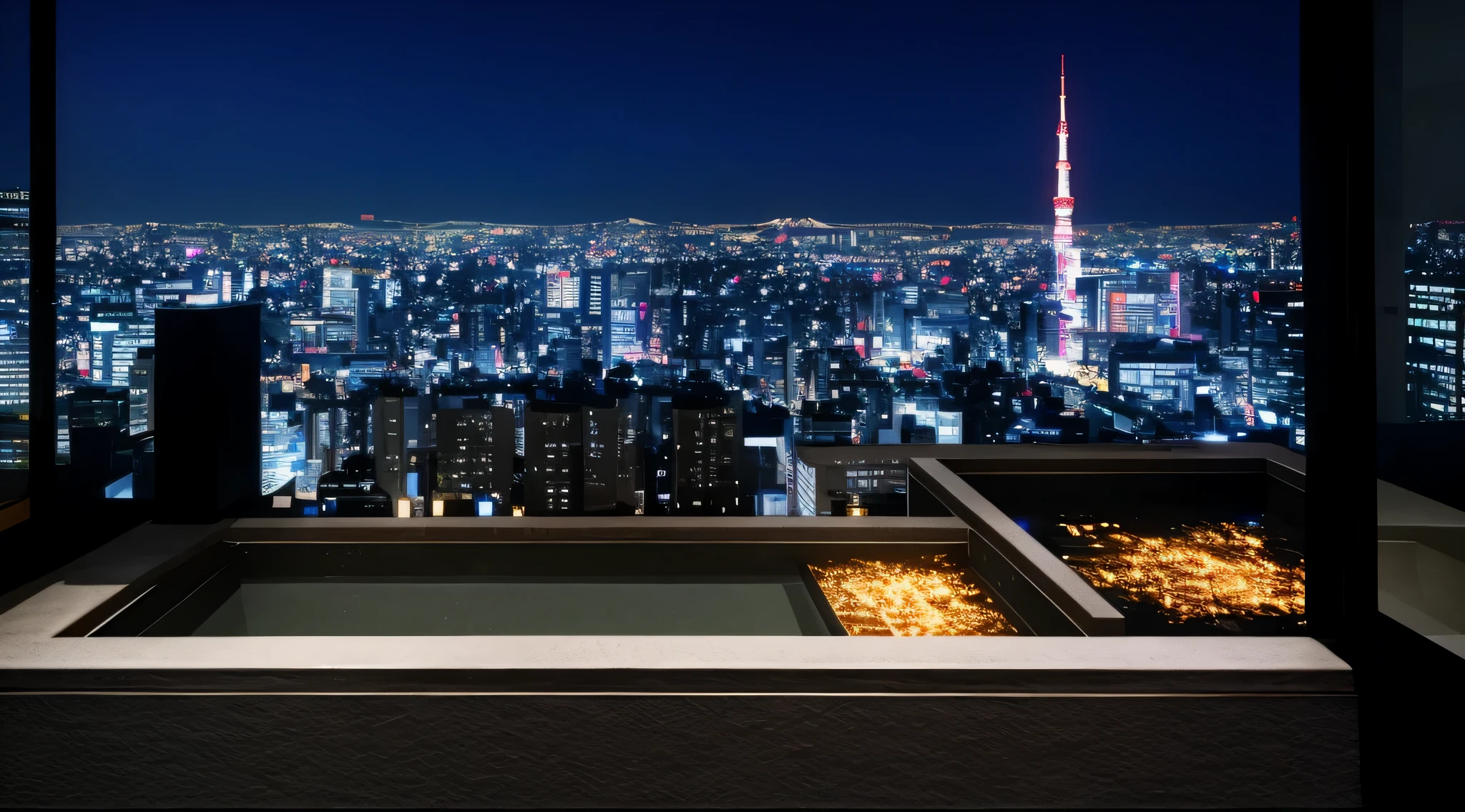 Night view of the city from the bathroom with large windows, set in Tokyo rooftop, on future Tokyo night rooftop, on rooftop Tokyo night, Luxurious hot springs, like that, Tokyo in the background, penthouse, Tokyo japan, Tokyo, overlooking a modern city, City view, Infinity Concentric Pool, Japanese hot springs, in Tokyo at night