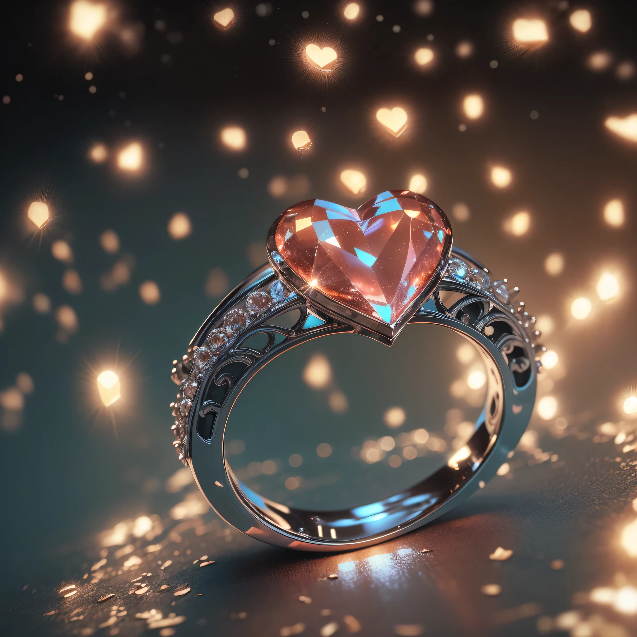 masterpiece,Best quality,ultra high resolution, contract for 8 thousand., SLR camera, High quality,(photorealistic:1.4), cinematic lighting, HDR,beautiful heart shaped diamond ring, shines with brilliance and splendor, ,Motion design,c4d,Rendering,Light and shadow, starry sky，starry sky на ринге,