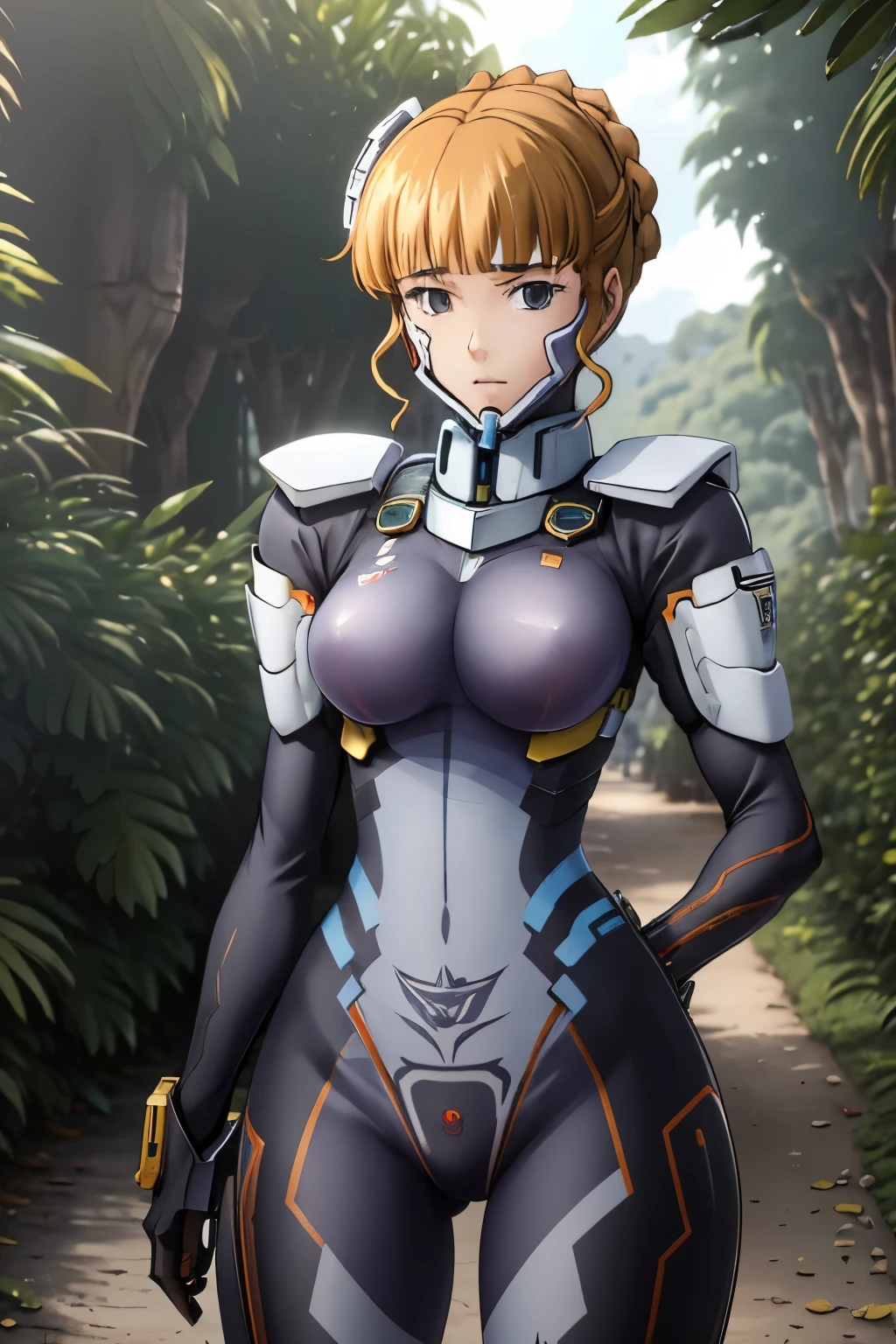 Arte anime 8k del traje fortificado de Girl Muv-Luv, con un mono blanco, astronaut design, con armadura intrincada, ambientado en una exuberante jungla.