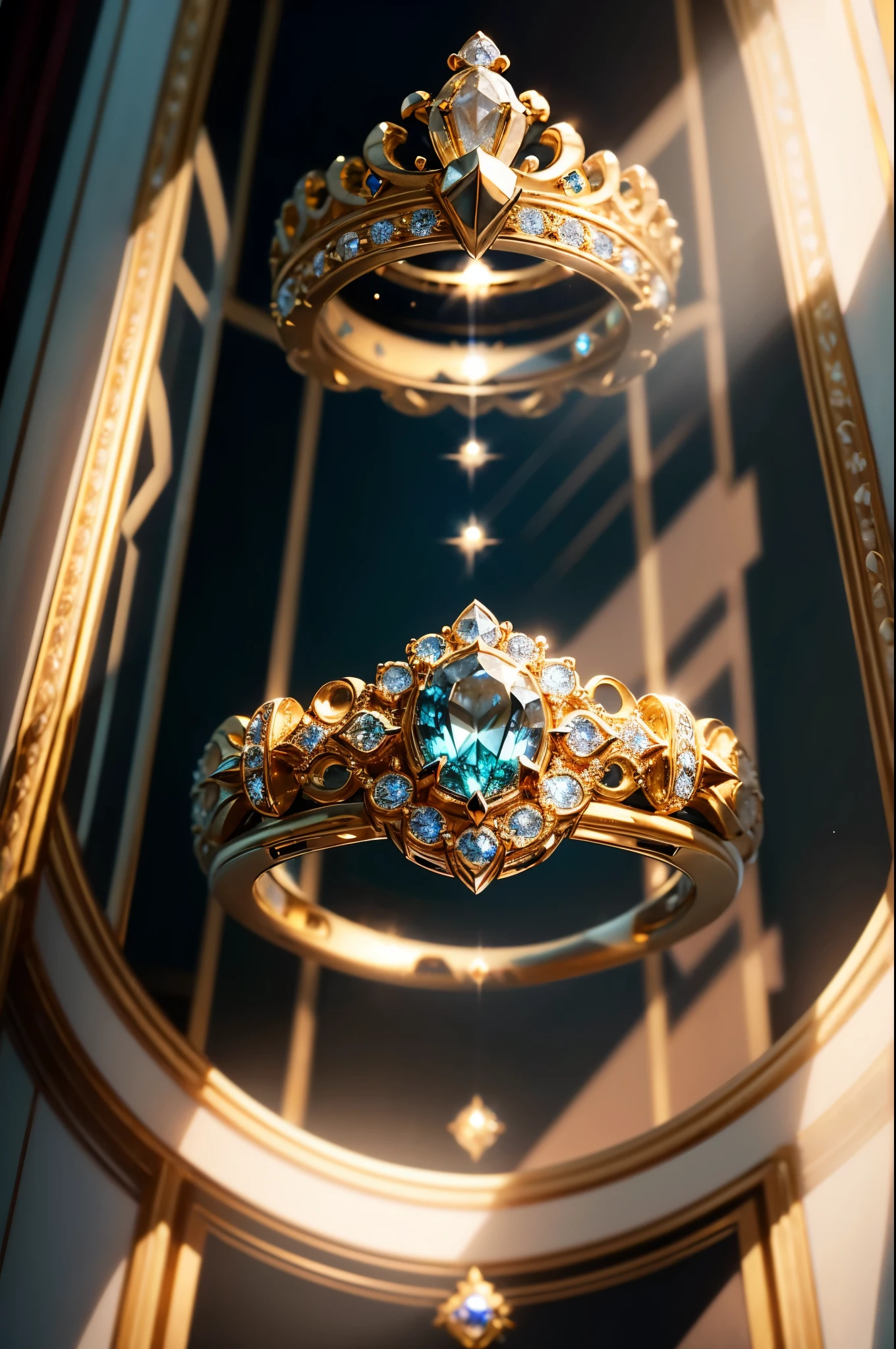 (Royal rings are displayed in a window:1.3), Point the spotlight directly over the ring., perfect light production, (The jewels on the ring reflect the light:1.5), Collaboration of light and shadow, cinematic lighting, Lens flare, (masterpiece), (Best quality), (Ultra-high detail)