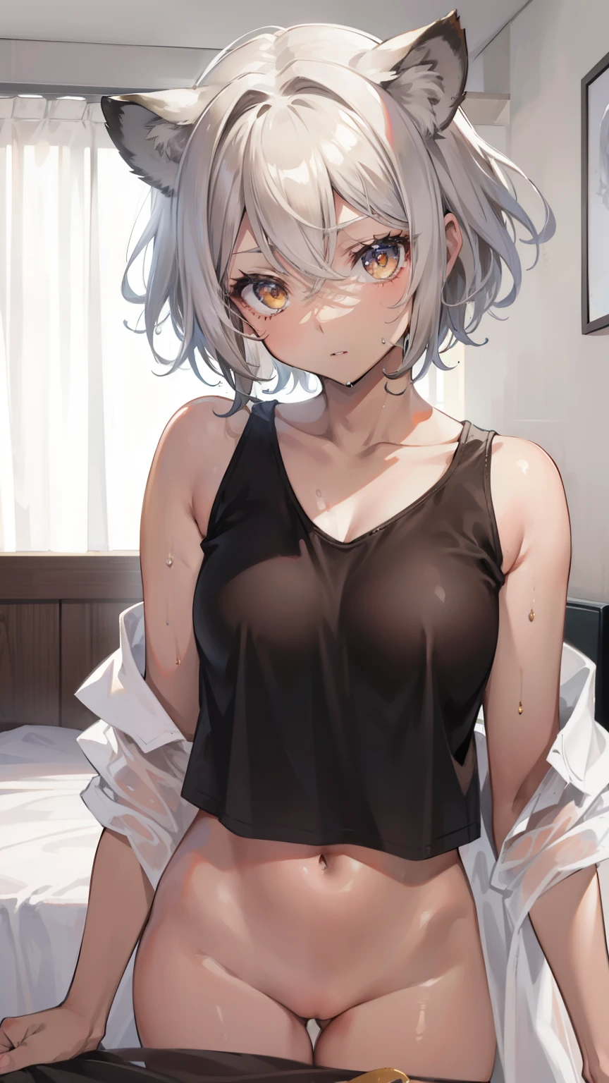 best image quality,1people々girl,gray hair,very short hair,short hair,golden eyes,brown skin,brown skin,black skin,sunburn,thin,Glossy skin,Lion ears,On bedding,wet with sweat,show your shoulders,Naked Y-shirt,