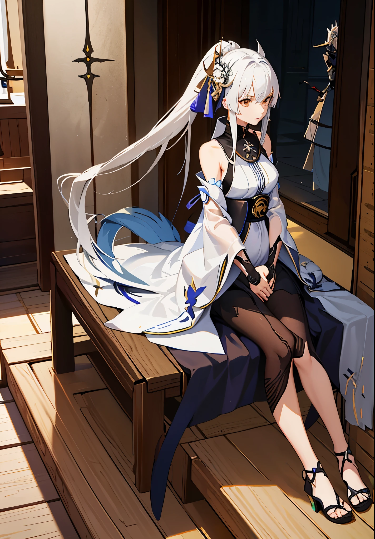 a woman in a dress holding a dagger and a dagger, video game character, from arknights, fox nobushi holding a dagger, hajime yatate, keqing from genshin impact, white haired deity, with small sword, ayaka genshin impact, female action anime girl, official character art, anime character, pregnant anime girl, fetus, pregnant