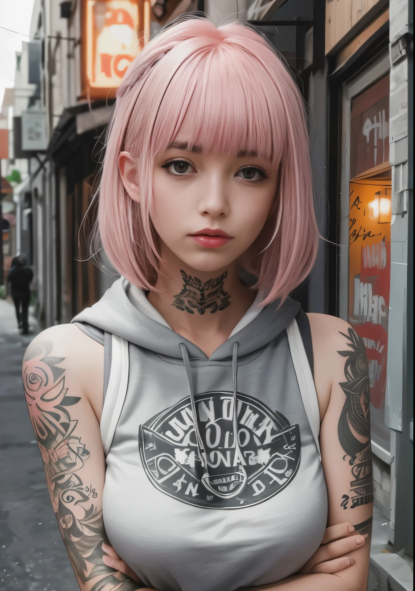 Top quality, masterpieces, RAW photos, photorealistic, detail, women, hoodies, tattoos on arms, portraits, asymmetrical bangs, band-aids, short hair, bangs, chest, freckles, gray eyes, big breasts, people watching, tattoos on the neck, nose piercings, pink hair, tattoos on the face, upper body, detailed background, city, alley, dark alley, portrait, hood on the head at night, anger, Close-up, mouth closed, masterpiece, absurd