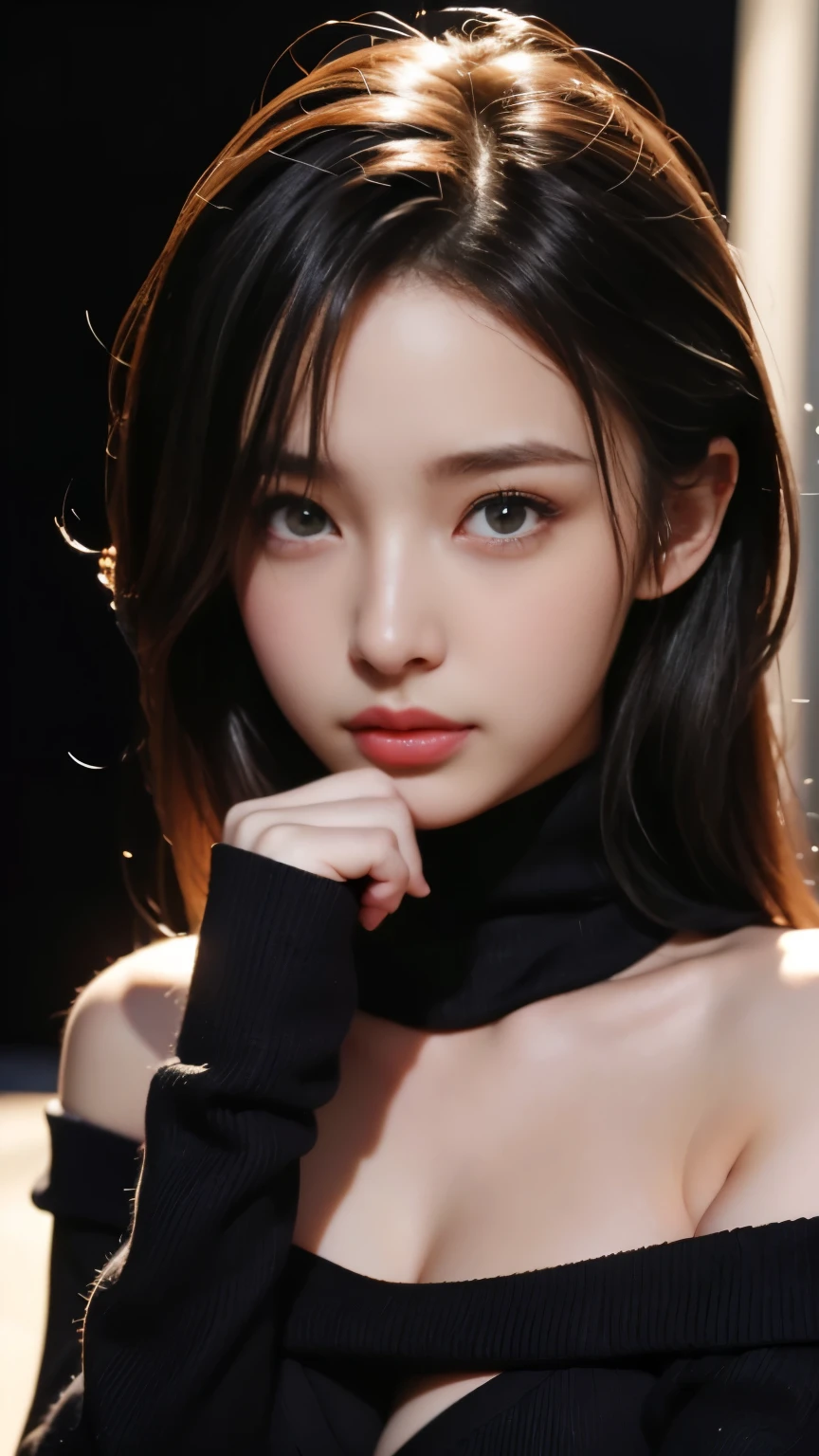 ultra high res, masterpiece, best quality, perfect glossy shiny skins, perfect lighting, detailed lighting, dramatic shadows, ray tracing, black sweater, looking at viewer, off shoulder, Big breasts, Exposed cleavage, nsfw, ((Dark background)), Sexy face, Facial expressions when receiving pleasure, open mouse,