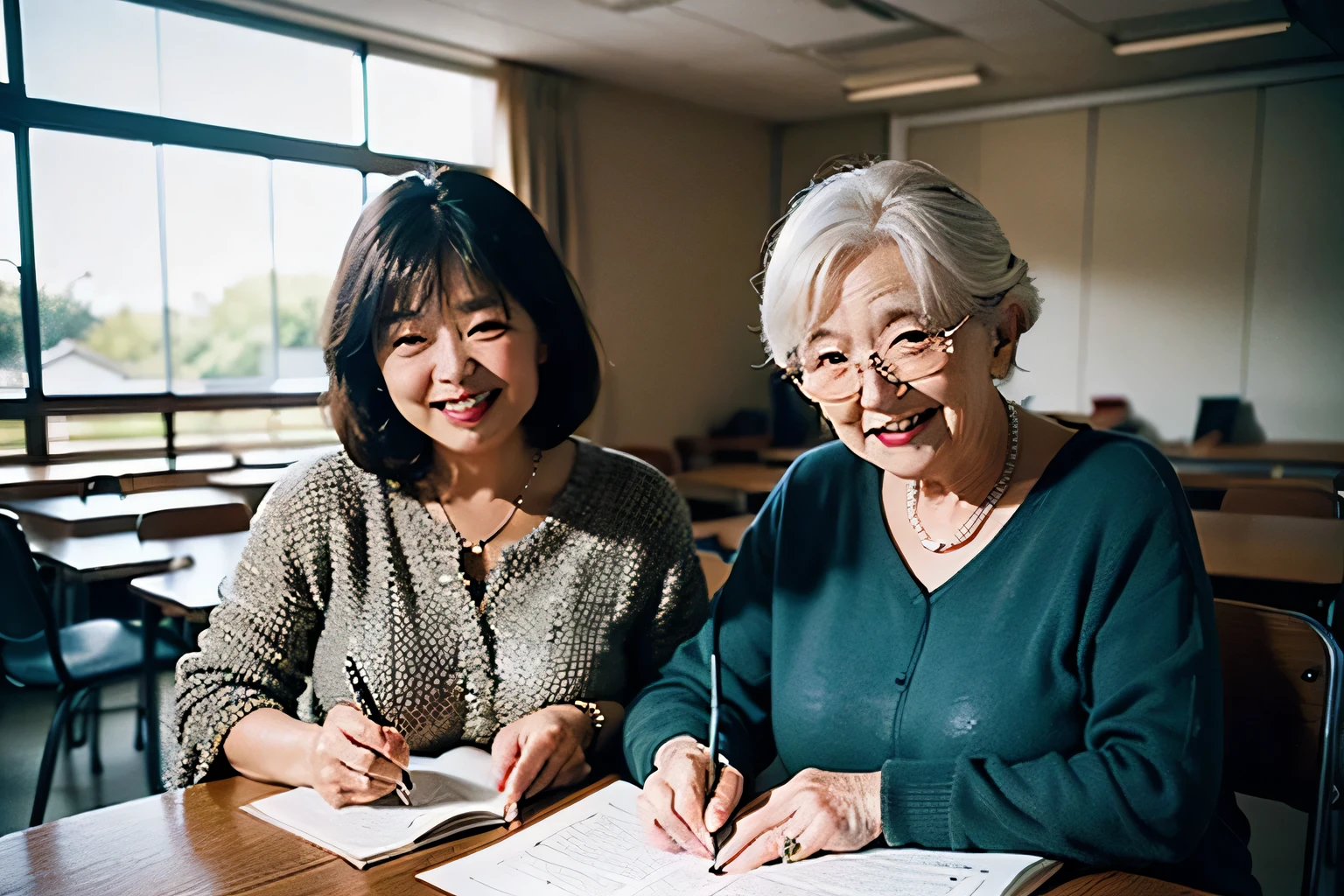 Masterpiece of elderly Japanese people studying English in a (((modern community centre))) classroom, Leica camera, Ektachrome film. (vintage:1.3), (authentic:1.5), (realistic:1.4), (detailed:1.1), elderlies engaged in studies, vintage Leica in hand, Ektachrome film capturing the moment, happy smiling expressions on their faces, (best quality:1.6), (high resolution:1.3), (photorealistic:1.4)