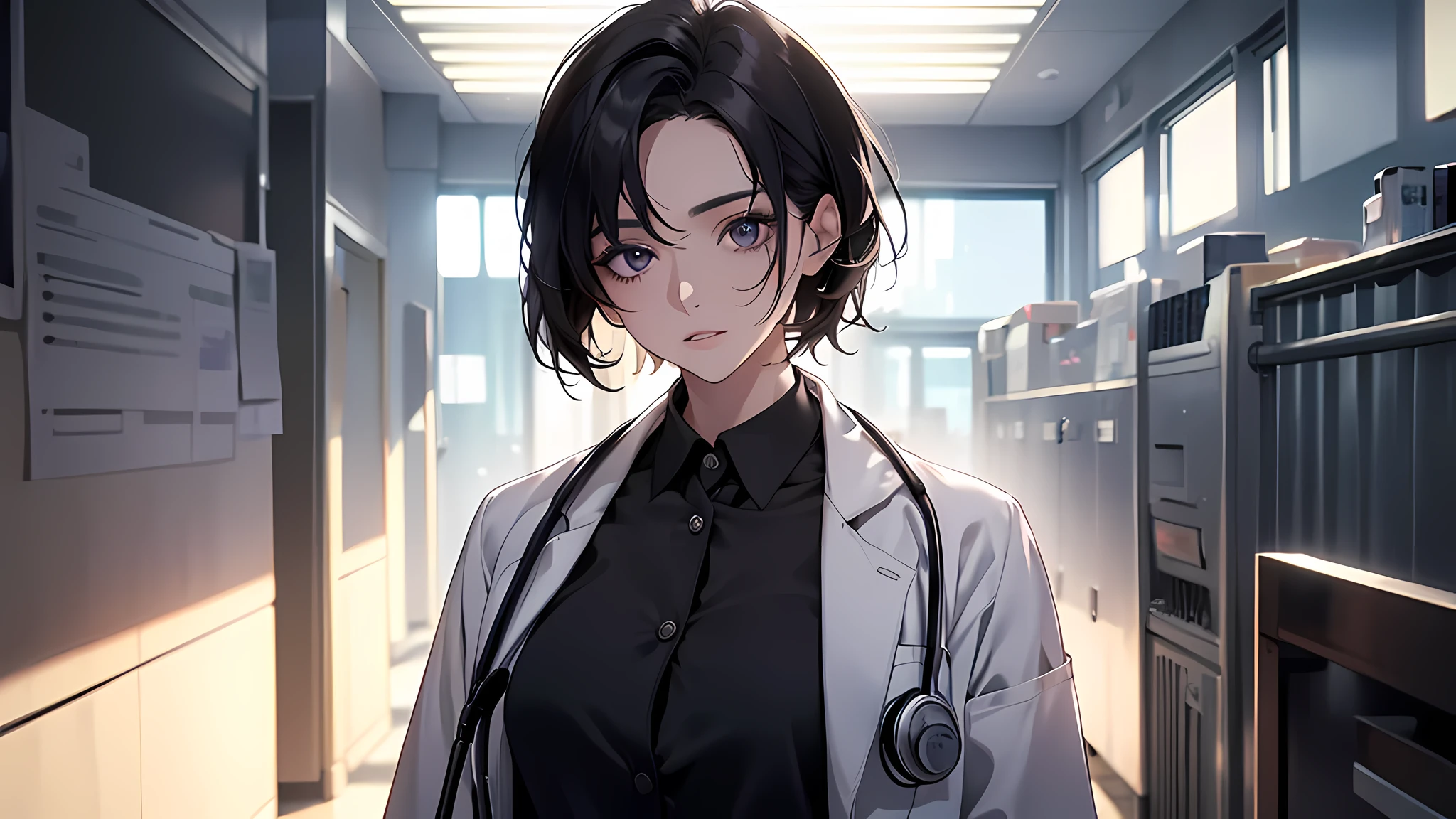 Photorealistic beautiful doctor、stunningly beautiful、doctors white coat, Collared shirt、(top-quality、8K、32K、masterpiece、nffsw:1.3)、超A high resolution,(Photorealsitic:1.4),Raw photography, Detailed face,shoulder length straight black short hair, ((Doctor Style)), Purple surgical uniform,Natural makeup,small breasts,inside hospital, Detailed background, Perfect Lighting, depth of fields, Beautiful shadow gradient,stethoscope ,