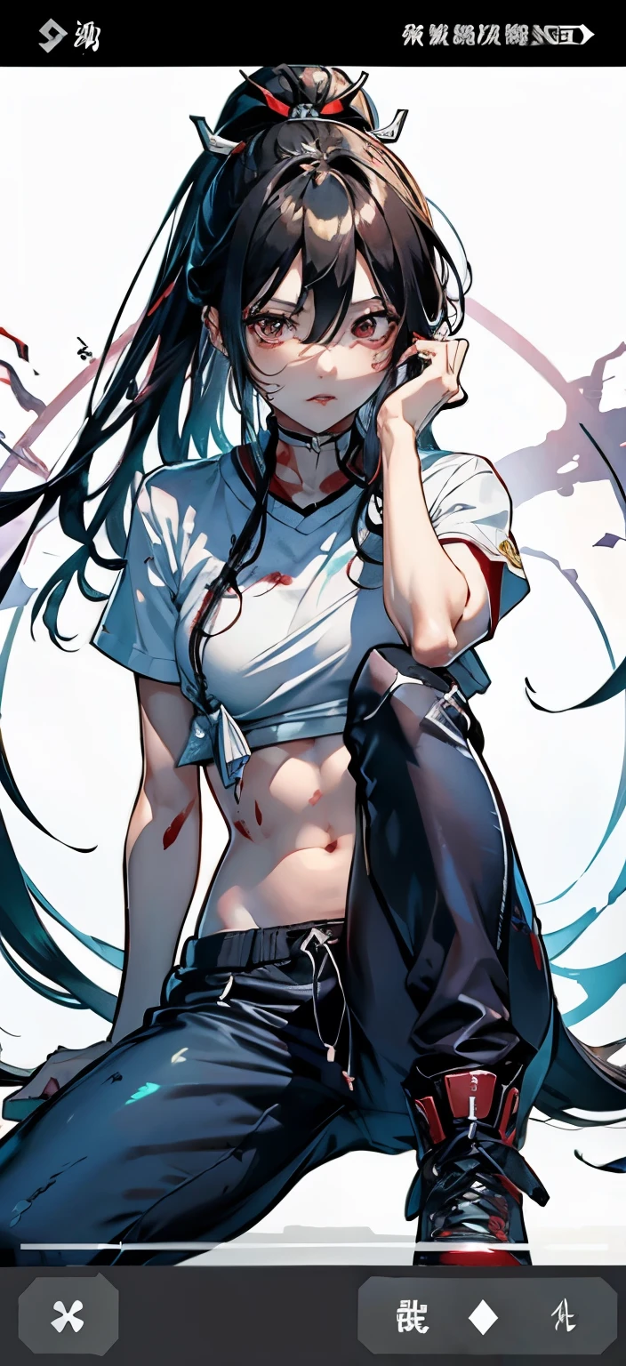 TheSpirit ,((blue skin)),green eyes, solo, upper body, blush, embarrassed, SpiScho, black Long hair,(insanely detailed, beautiful detailed face, masterpiece, best quality), small breast, black stockings, wide hip, huge hip, thighhighs, micro skirt, crop top, underboobs, hairband