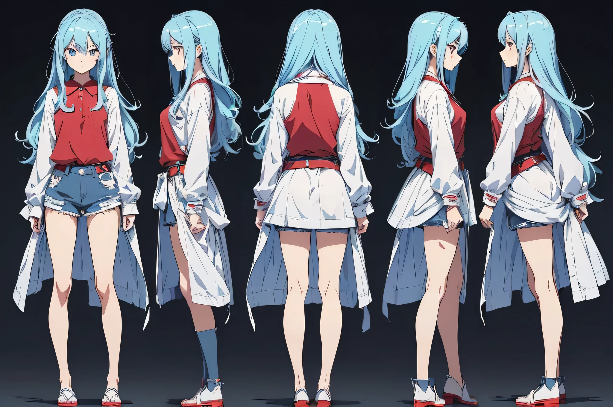 (((Masterpiece, Highest quality)), ((anime)), Conceptual art, three sided view, multiple views, reference sheet, anatomically correct, best quality) 1girl, solo, light blue hair, long hair, fluffy hair, red eyes, detailed eyes, anime eyes, skinny, loose shirt, button shirt, white shirt, jeans, red jeans, 