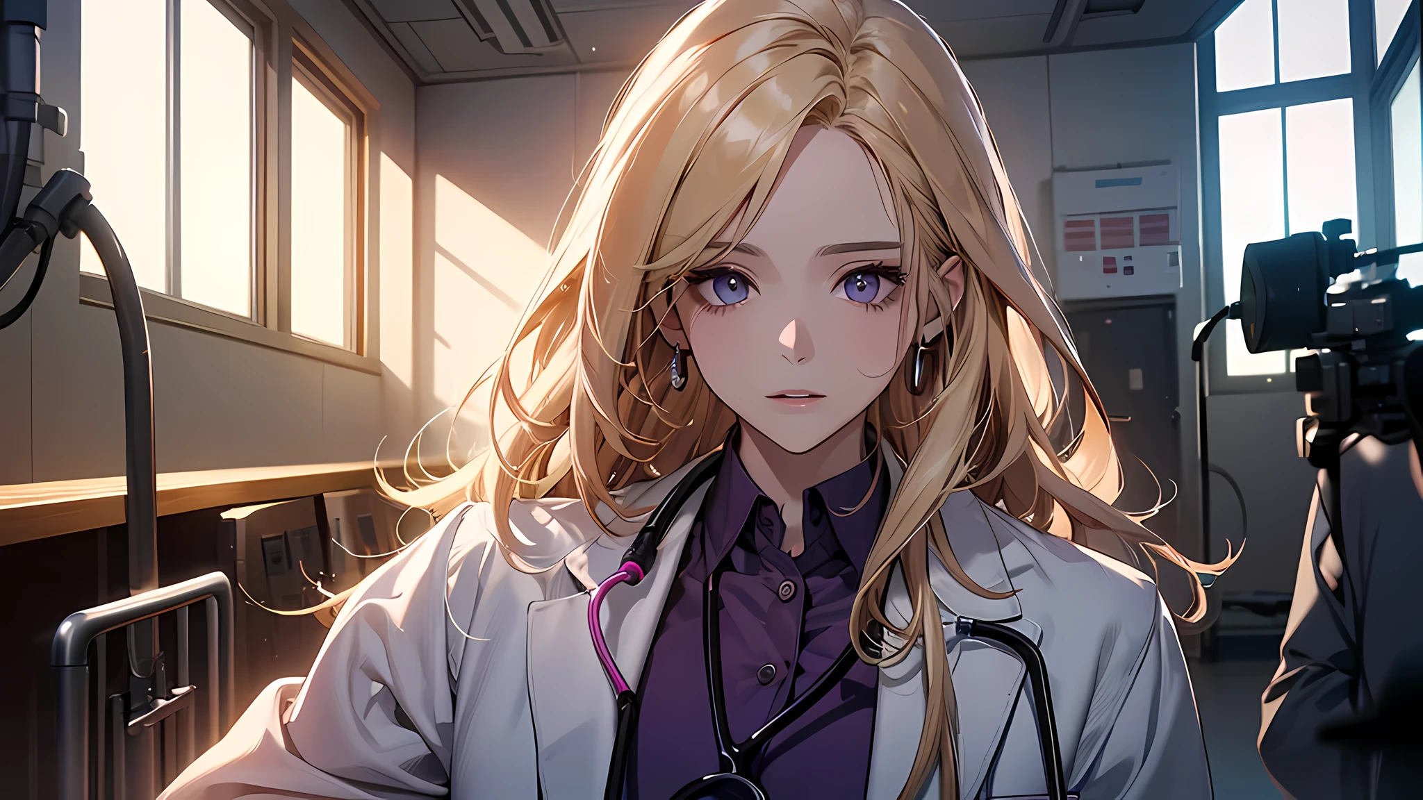 Photorealistic beautiful doctor、stunningly beautiful、doctors white coat, Collared shirt、(top-quality、8K、32K、​masterpiece、nffsw:1.3)、超A high resolution,(Photorealsitic:1.4),Raw photography, Detailed face,long straight blonde  hair, ((Doctor Style)), Purple surgical uniform,Natural makeup,small breasts,inside hospital, Detailed background, Perfect Lighting, depth of fields, Beautiful shadow gradient,stethoscope ,
