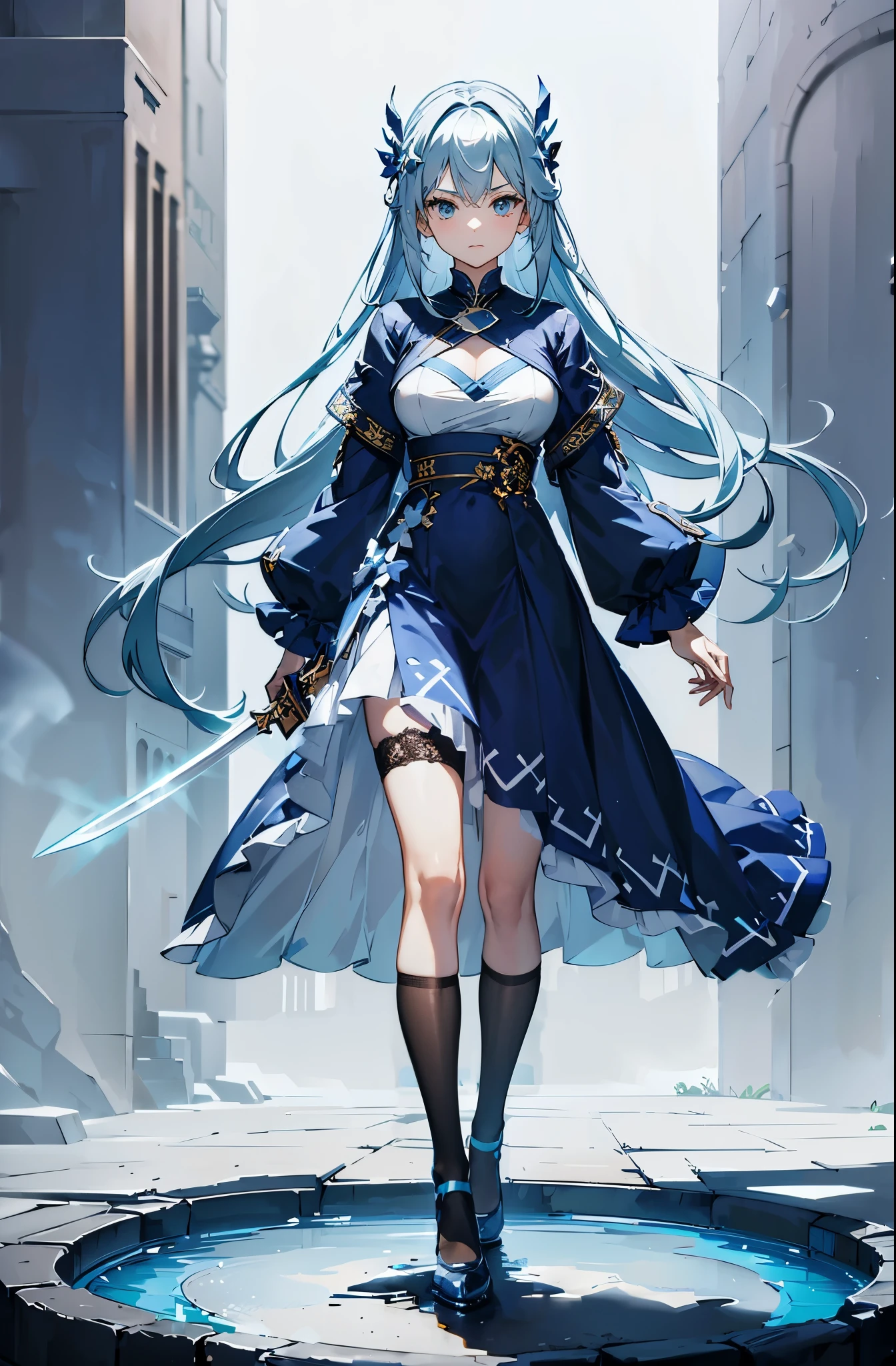 Legs,(with black stocking),Wear blue shoes