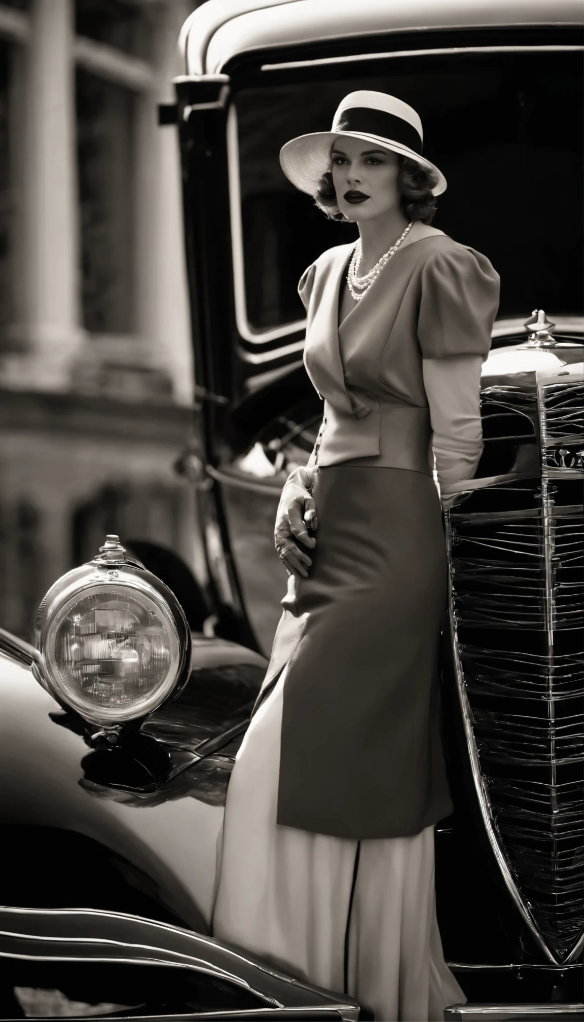 "a girl in a vintage dress standing in front of a classic car from the 1930s, with vibrant colors and a warm, nostalgic atmosphere, captured in a high-resolution black and white photograph. The girl is wearing a stylish hat and a string of pearls, and her eyes are emphasized with careful attention to detail. The car's shiny, polished surface reflects the sunlight, creating beautiful highlights and shadows. The background showcases a bustling city street with vintage buildings and cobblestone roads. The overall scene is bathed in a soft, golden light, capturing the essence of the 1930s era. The photo has a timeless quality and evokes a sense of nostalgia, transporting the viewer back to a bygone era."