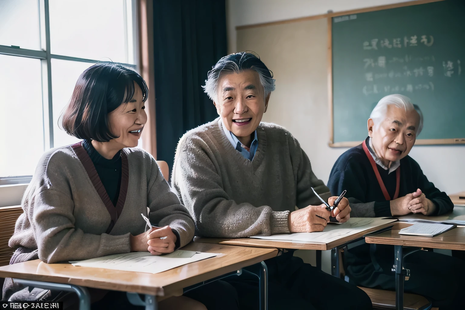 Masterpiece of elderly Japanese people studying English in a (((modern community centre))) classroom, Leica camera, Ektachrome film. (vintage:1.3), (authentic:1.5), (realistic:1.4), (detailed:1.1), elderlies engaged in studies, vintage Leica in hand, Ektachrome film capturing the moment, happy smiling expressions on their faces, (best quality:1.6), (high resolution:1.3), (photorealistic:1.4)