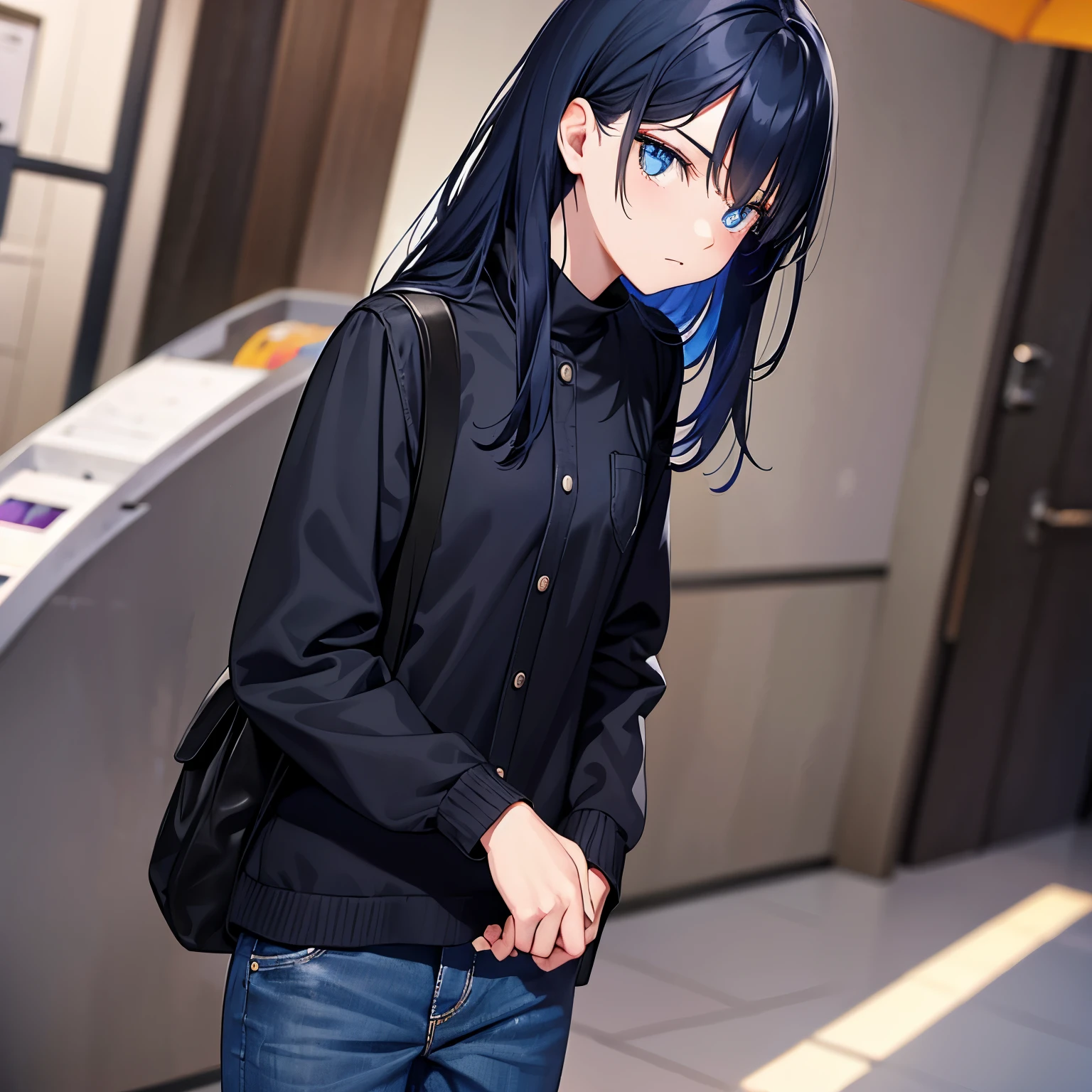 eye color is blue　hair color is black　medium hair　No expression　Are standing　teenage girl　jeans