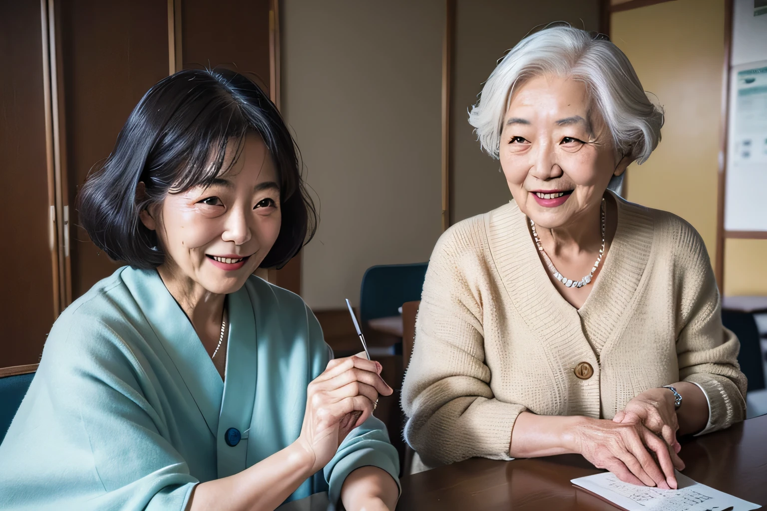 Masterpiece of elderly Japanese people studying English in a (((modern community centre))) classroom, Leica camera, Ektachrome film. (vintage:1.3), (authentic:1.5), (realistic:1.4), (detailed:1.1), elderlies engaged in studies, vintage Leica in hand, Ektachrome film capturing the moment, happy smiling expressions on their faces, (best quality:1.6), (high resolution:1.3), (photorealistic:1.4)