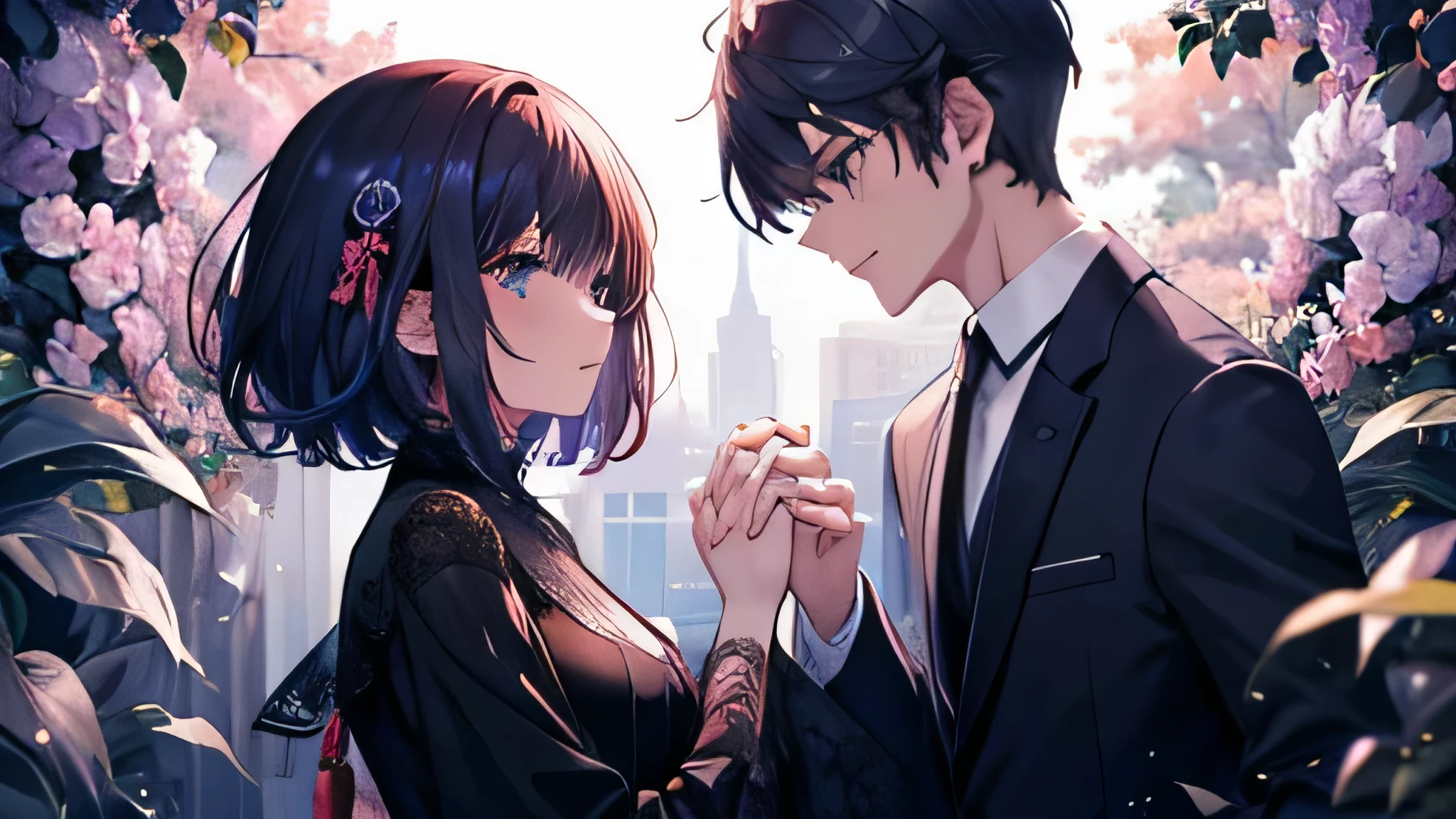 teen boy with very curly short hair, boy in suit, boy with eyeliner, tall and handsome, wearing a black coat, mysterious violet aura, couple, boy holding hands with a girl, girl with black and red hair, teen girl looking up to the boy, holding hands with the boy, girl in a red long dress, girl wearing eyeliner, girl with pastel blue aura, flowers everywhere in pastel colors, soft natural lighting falling on their faces, pretty clothes, alternative style