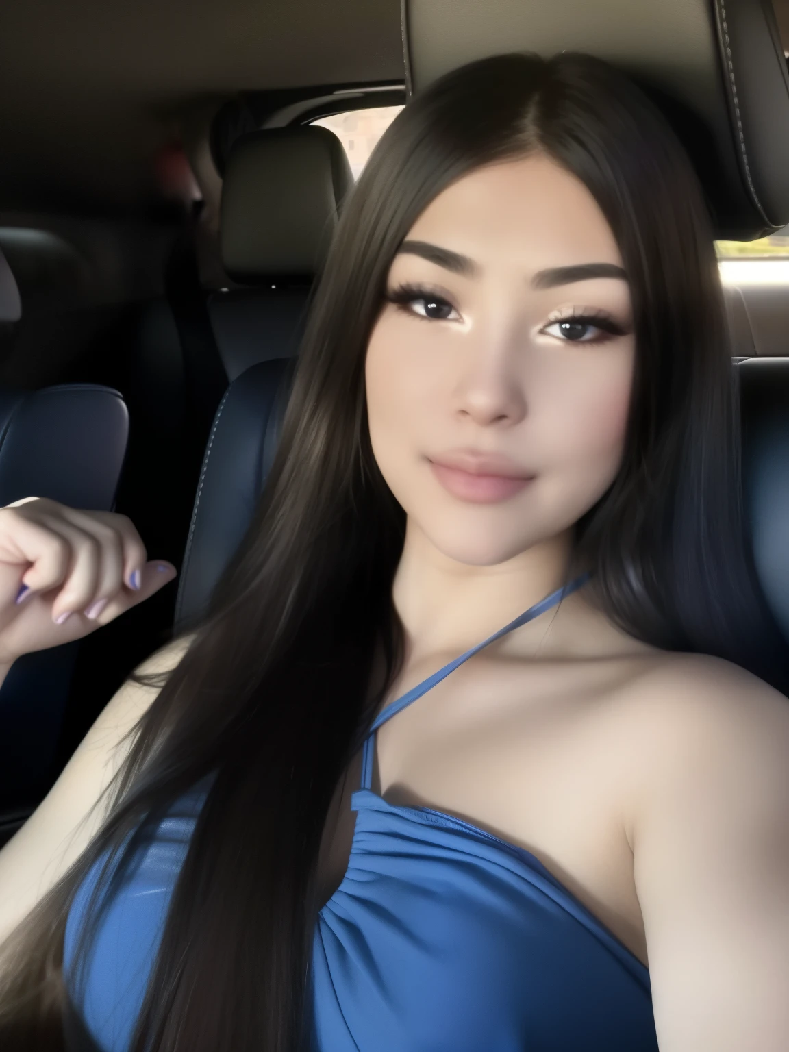 a close up of a woman in a car with a blue dress, violet myers, 18 years old, gorgeous latina face, kailee mandel, 19-year-old girl, 2 2 years old, 21 years old, 1 6 years old, beautiful mexican woman, she is about 2 0 years old, she is about 20 years old