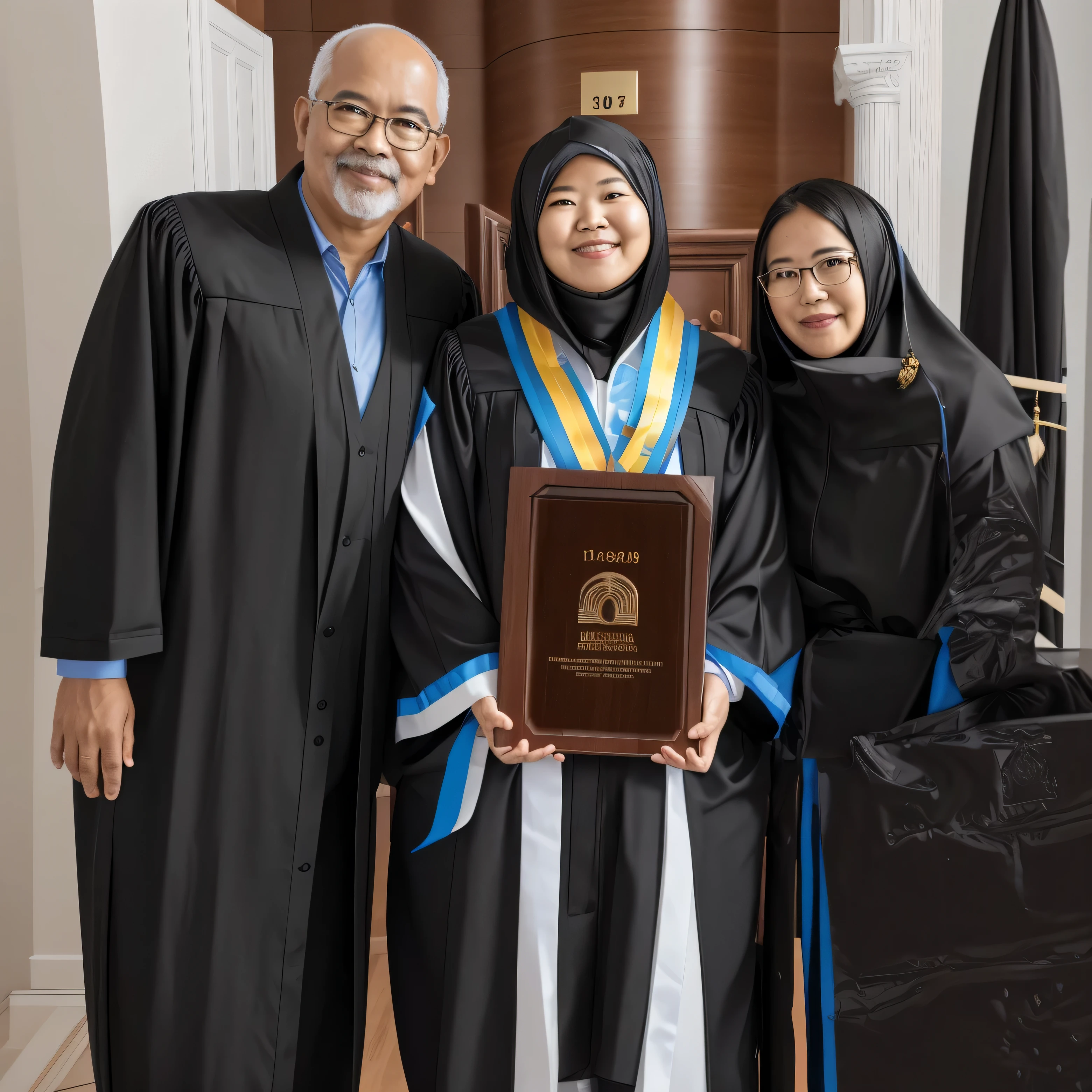 there are three people standing together holding a plaque, wearing an academic gown, graduation photo, full protrait, 2019, 2 0 1 9, photo taken with nikon d 7 5 0, photo taken with nikon d750, very clear picture, digital photo, happy family, protrait, digital image, captured on canon eos r 6, awarded